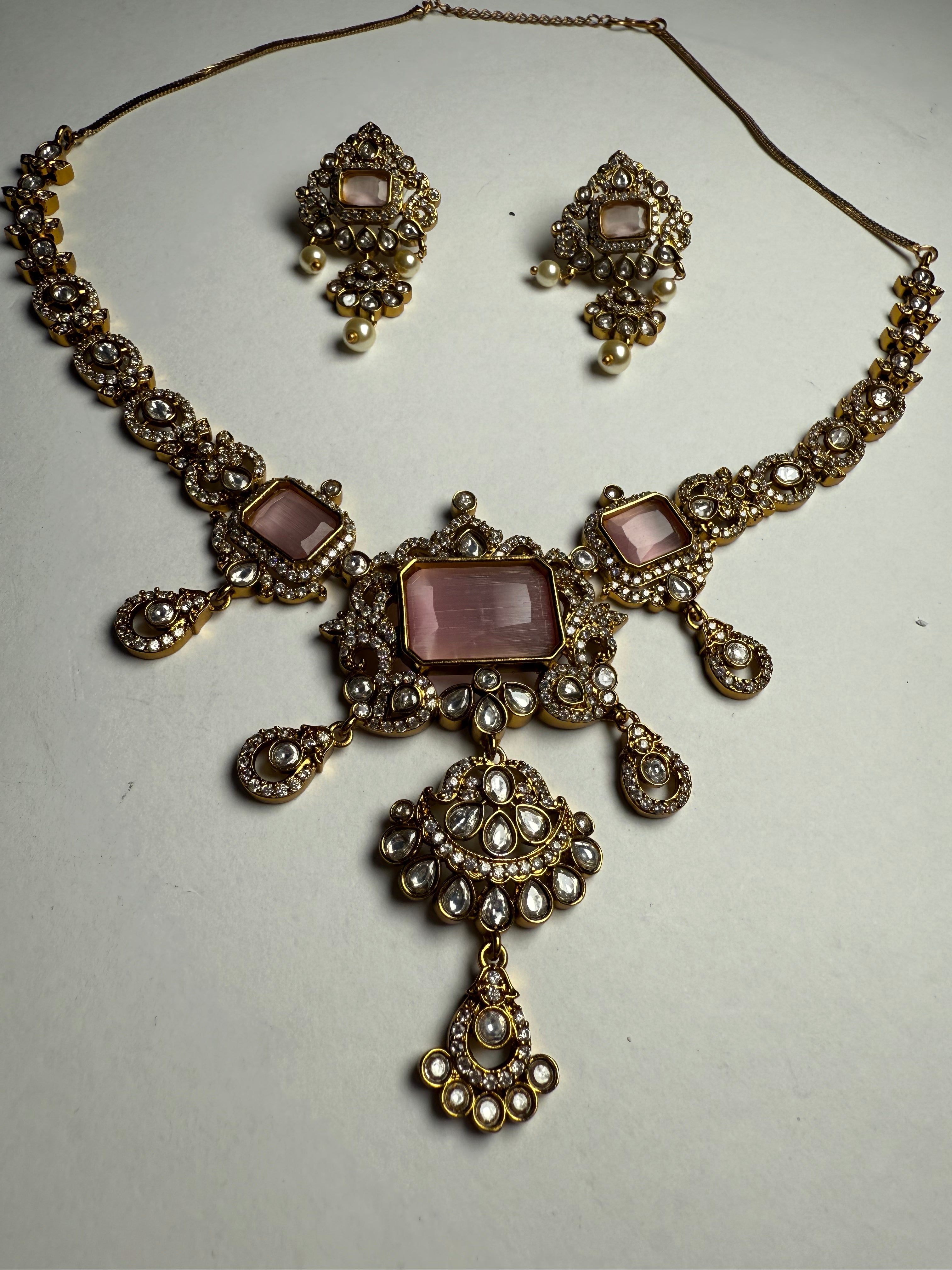 Royal Rose Quartz Polki Choker Set with Pearl Drop Earrings | Premium Brass Finish