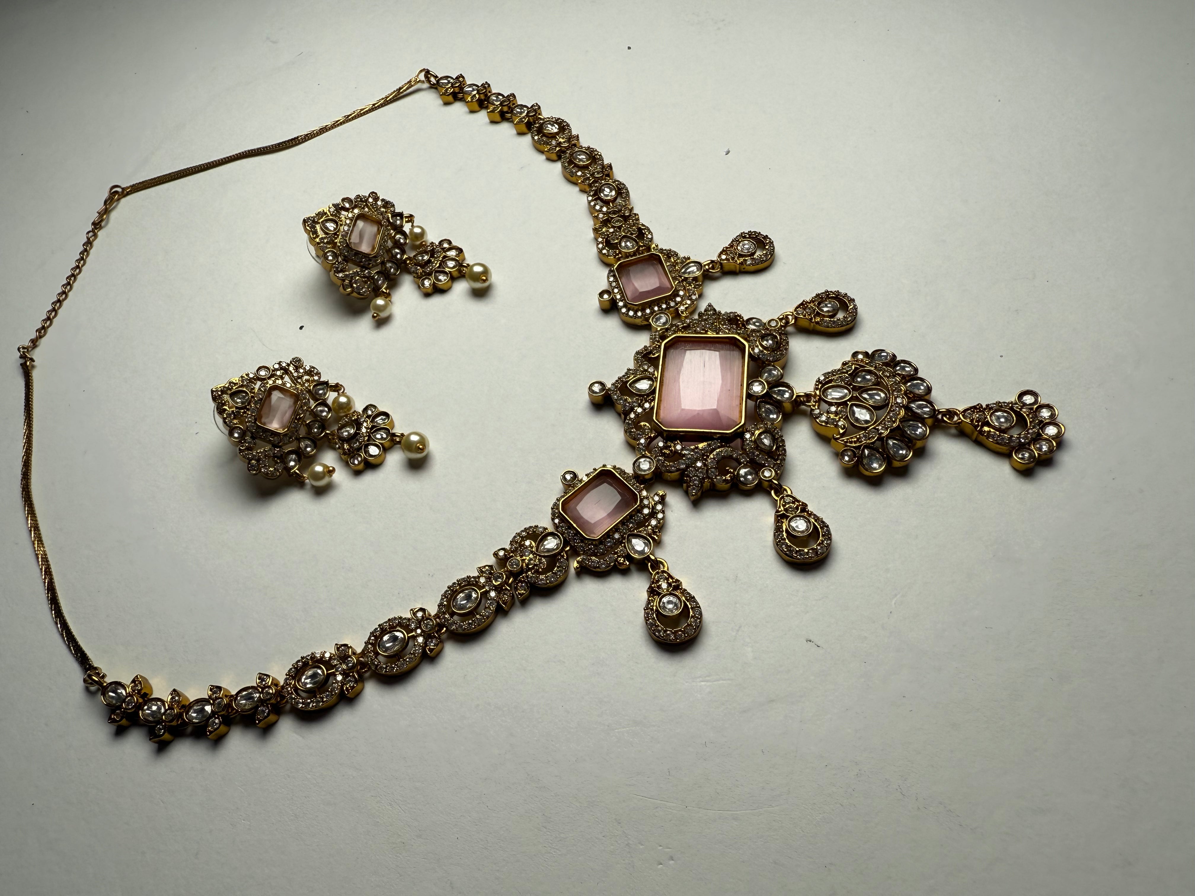 Royal Rose Quartz Polki Choker Set with Pearl Drop Earrings | Premium Brass Finish