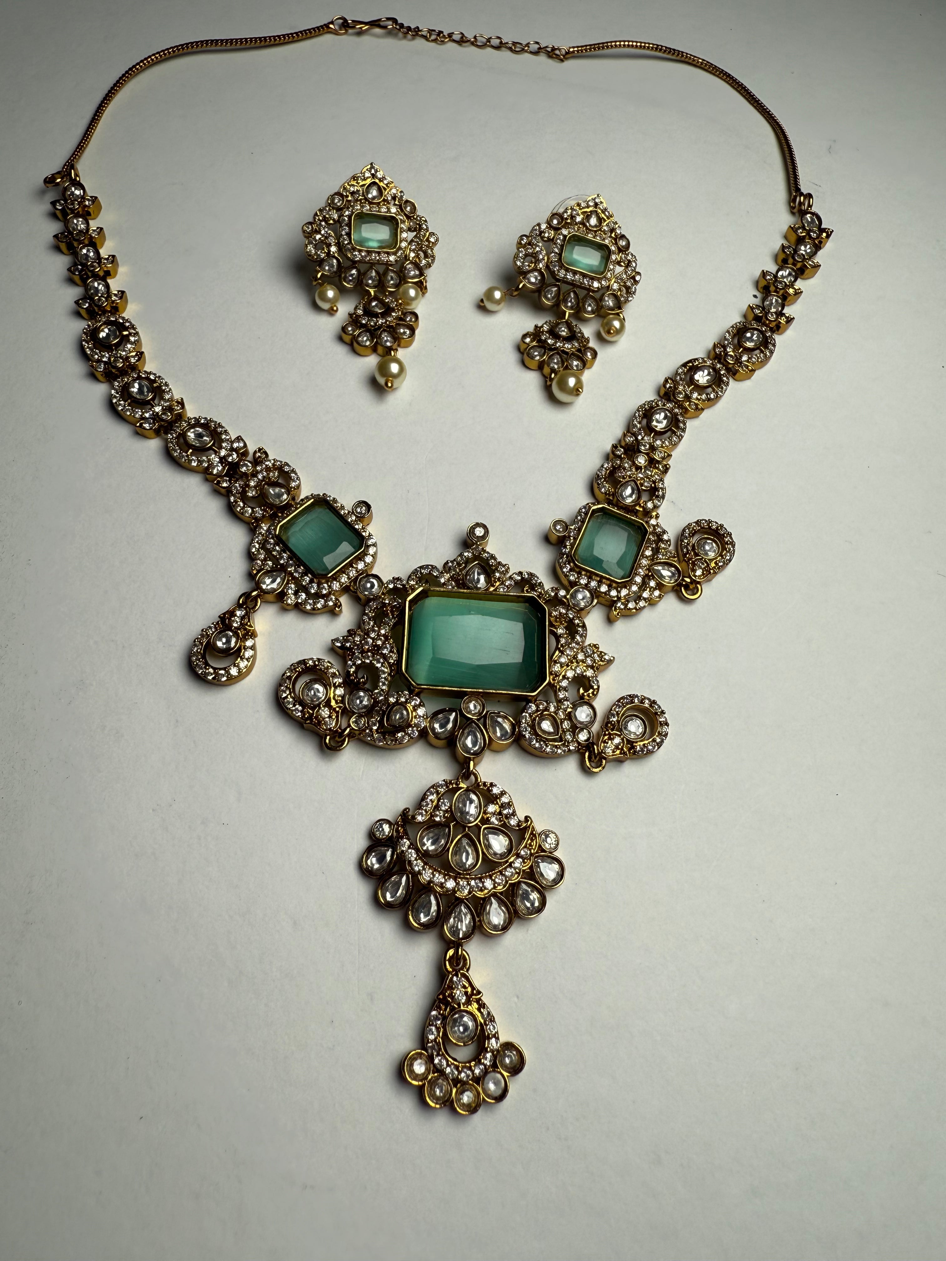 Royal Rose Quartz Polki Choker Set with Pearl Drop Earrings | Premium Brass Finish