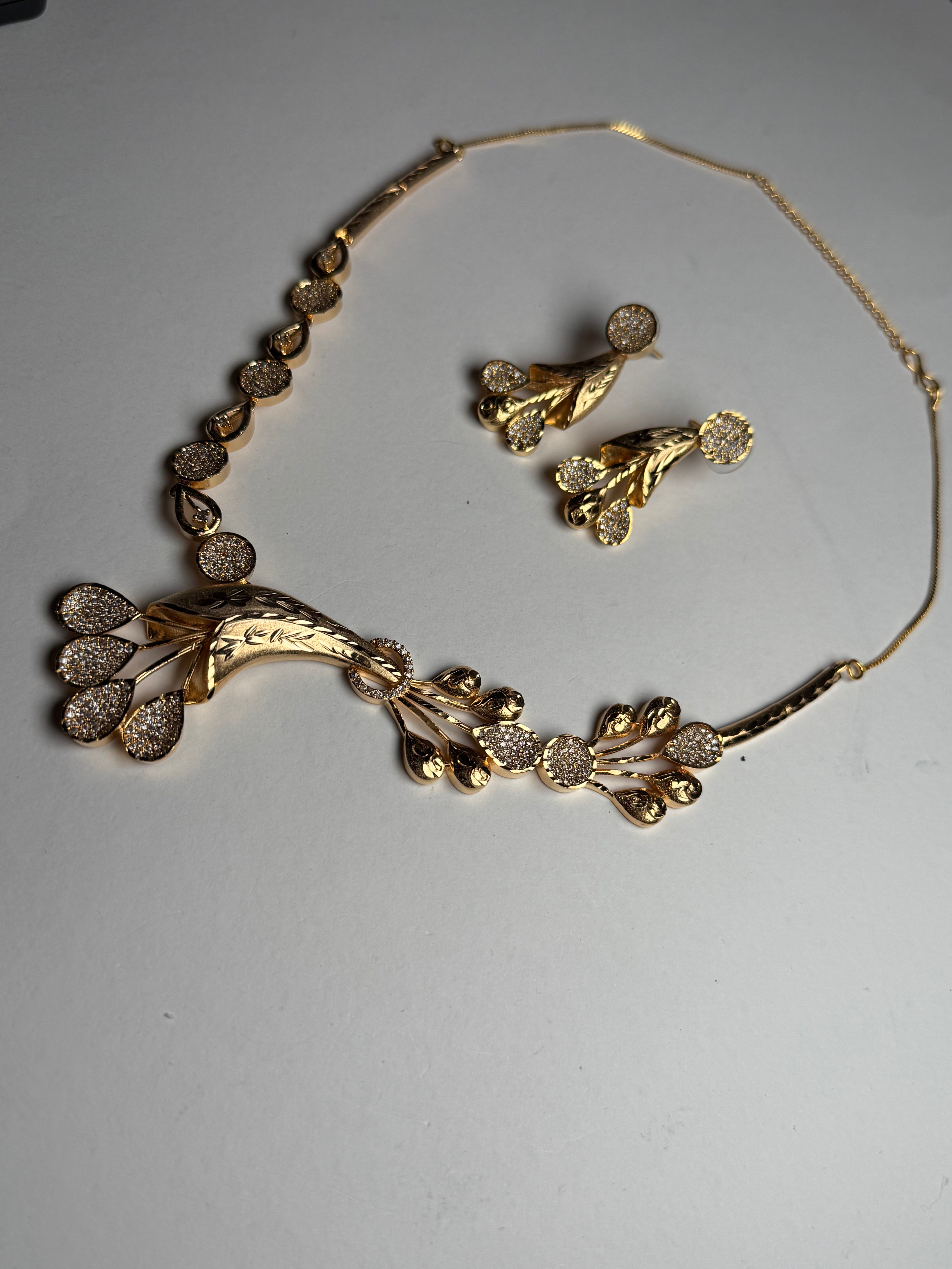 Royal Gold Plated Floral Drop Necklace Set | Nano Setting American Diamond Jewellery | Pure Brass, Premium Finish