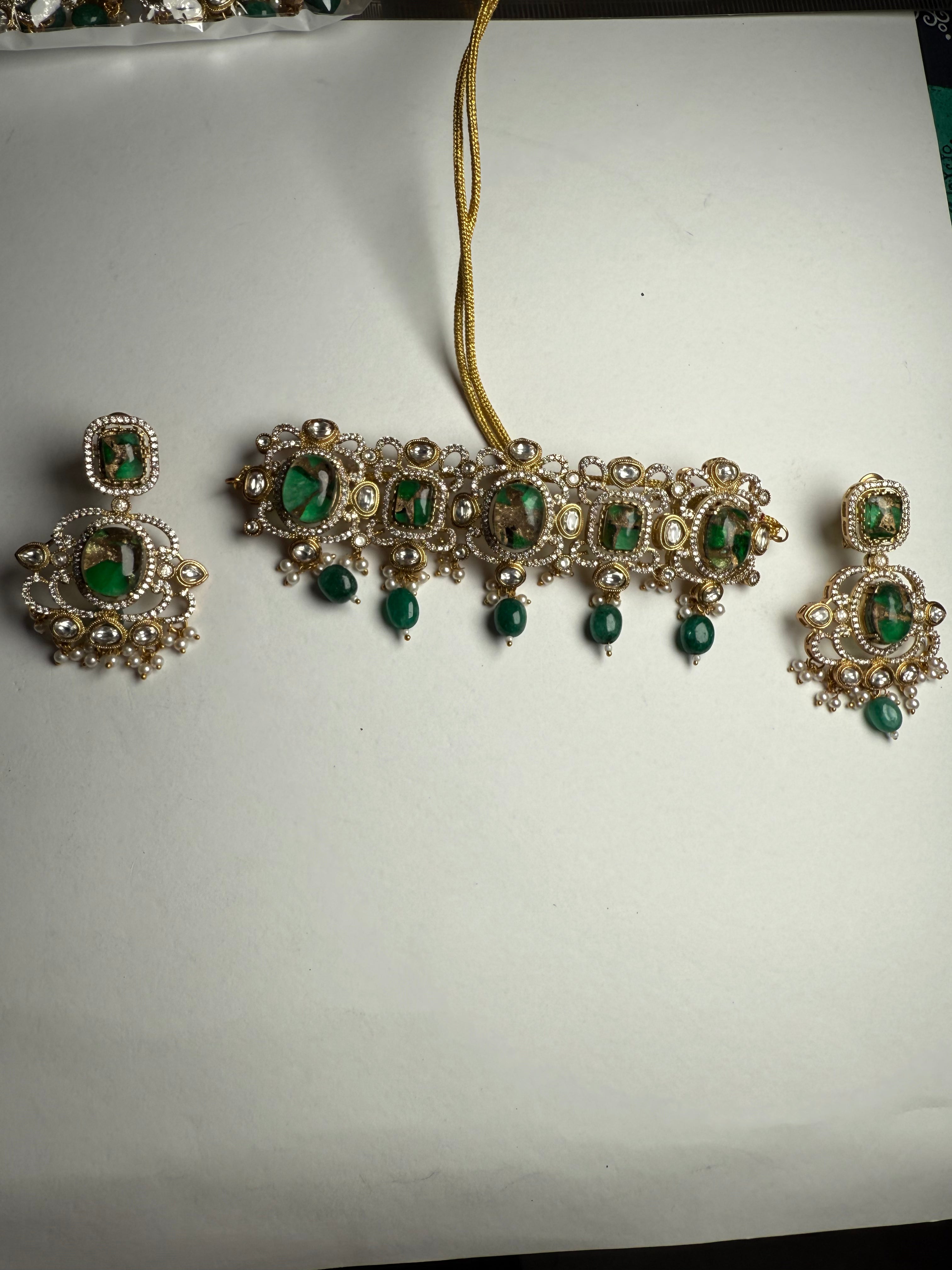 Royal Multi-Stone Polki Kundan Necklace Set | AD Onyx Beads Choker with Chandbali Earrings | Premium Golden Finish