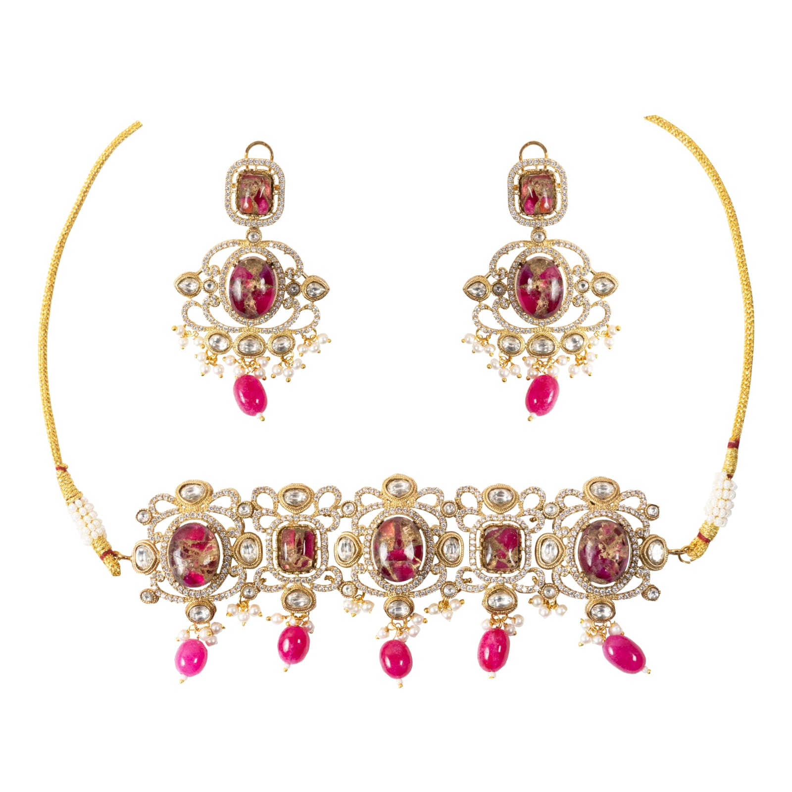 Royal Multi-Stone Polki Kundan Necklace Set | AD Onyx Beads Choker with Chandbali Earrings | Premium Golden Finish