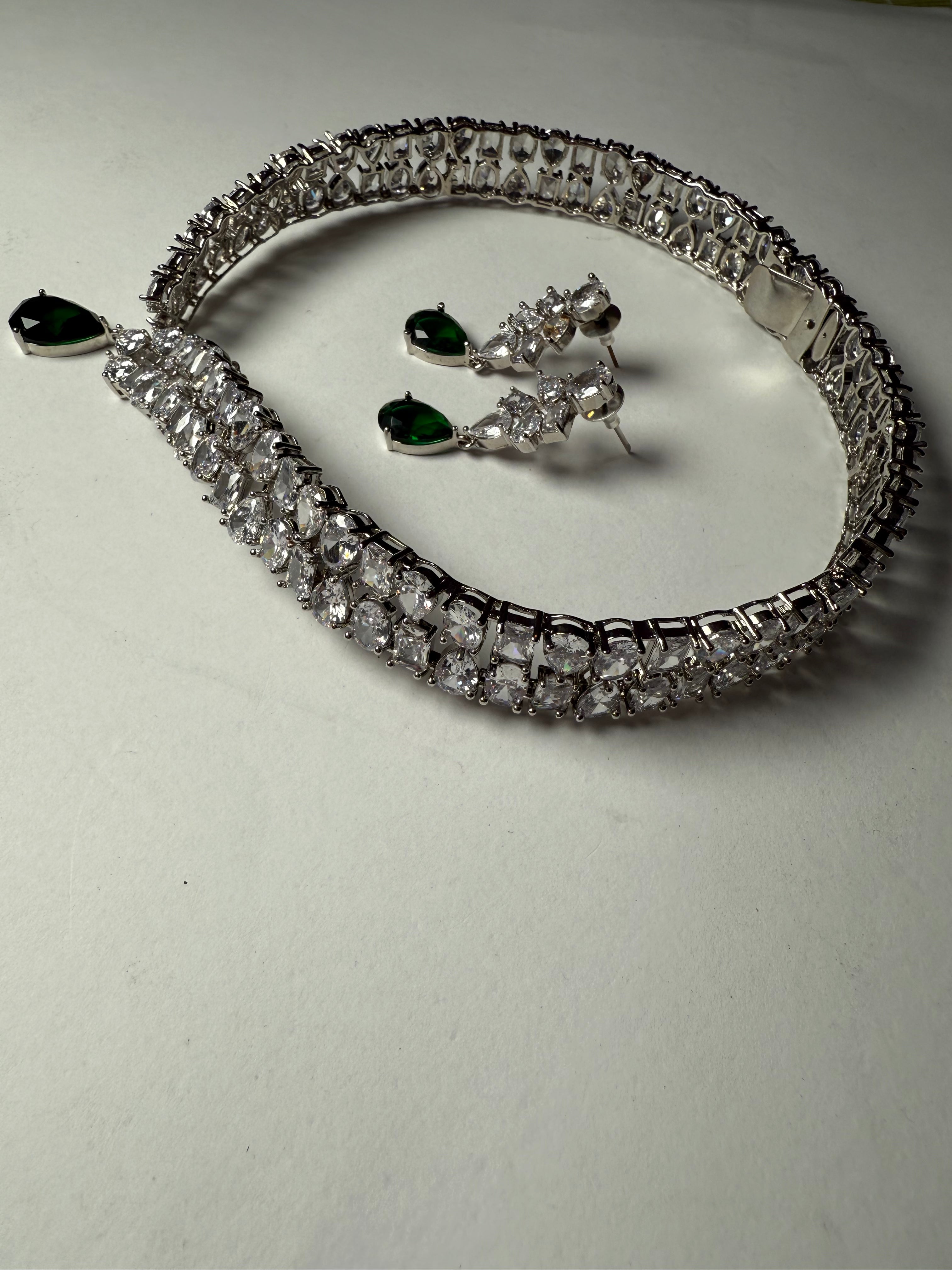 Princess Emerald American Diamond Designer Necklace Set | Premium AD Jewellery for Women