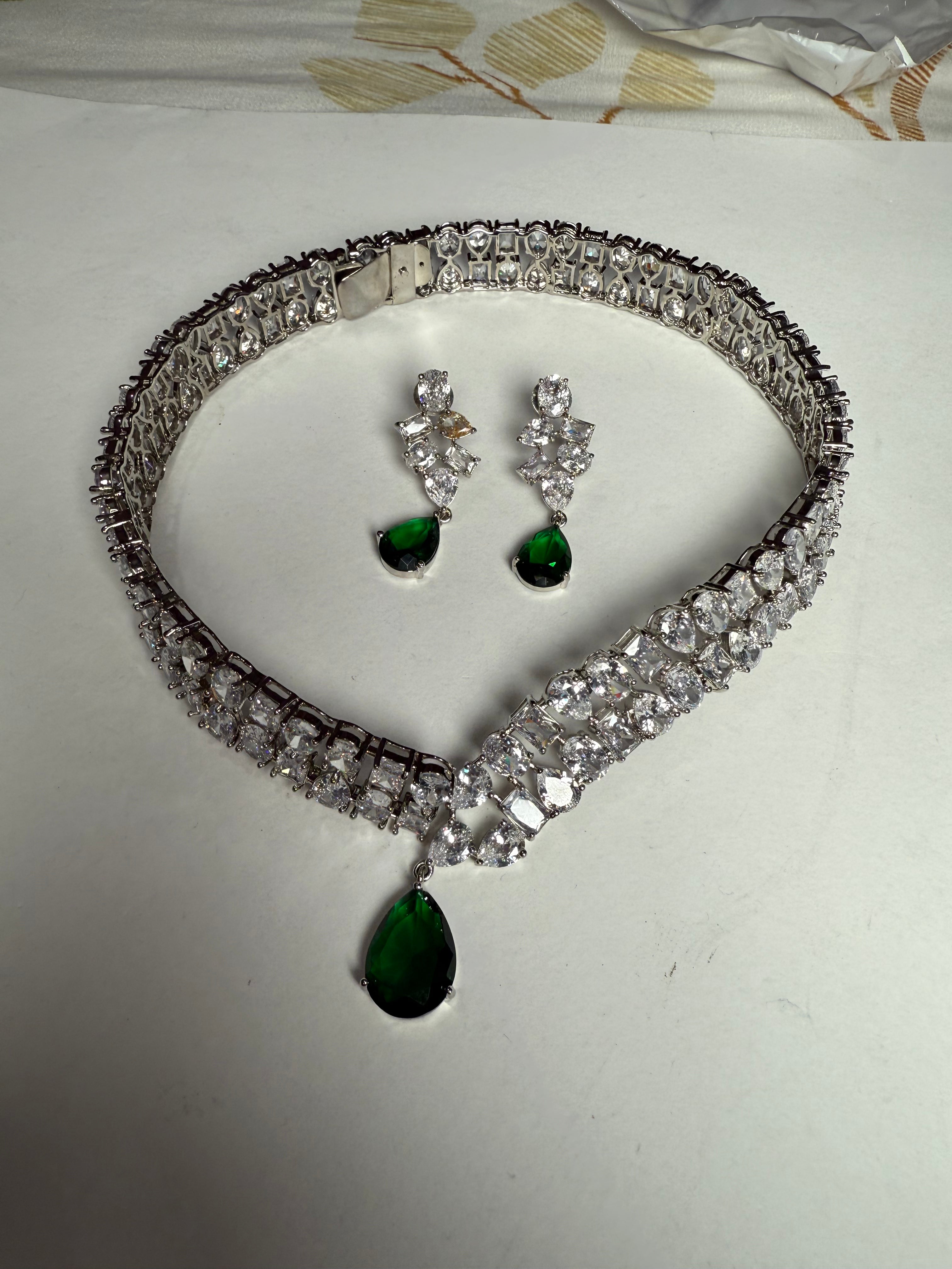 Princess Emerald American Diamond Designer Necklace Set | Premium AD Jewellery for Women