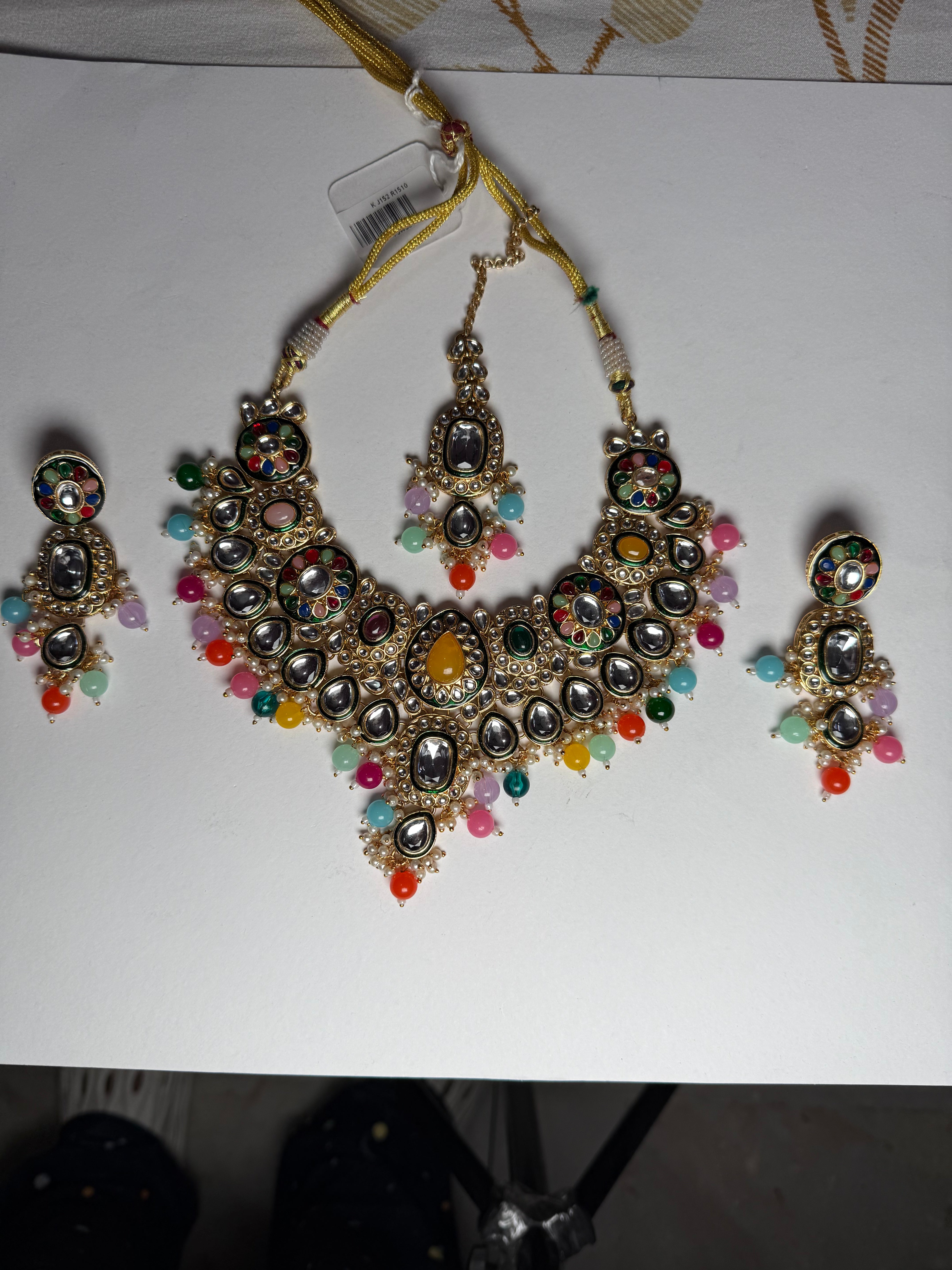 Princess Kundan Semi-Bridal Necklace Set with Earrings & Maang Tikka | Heavy Beaded Jewellery