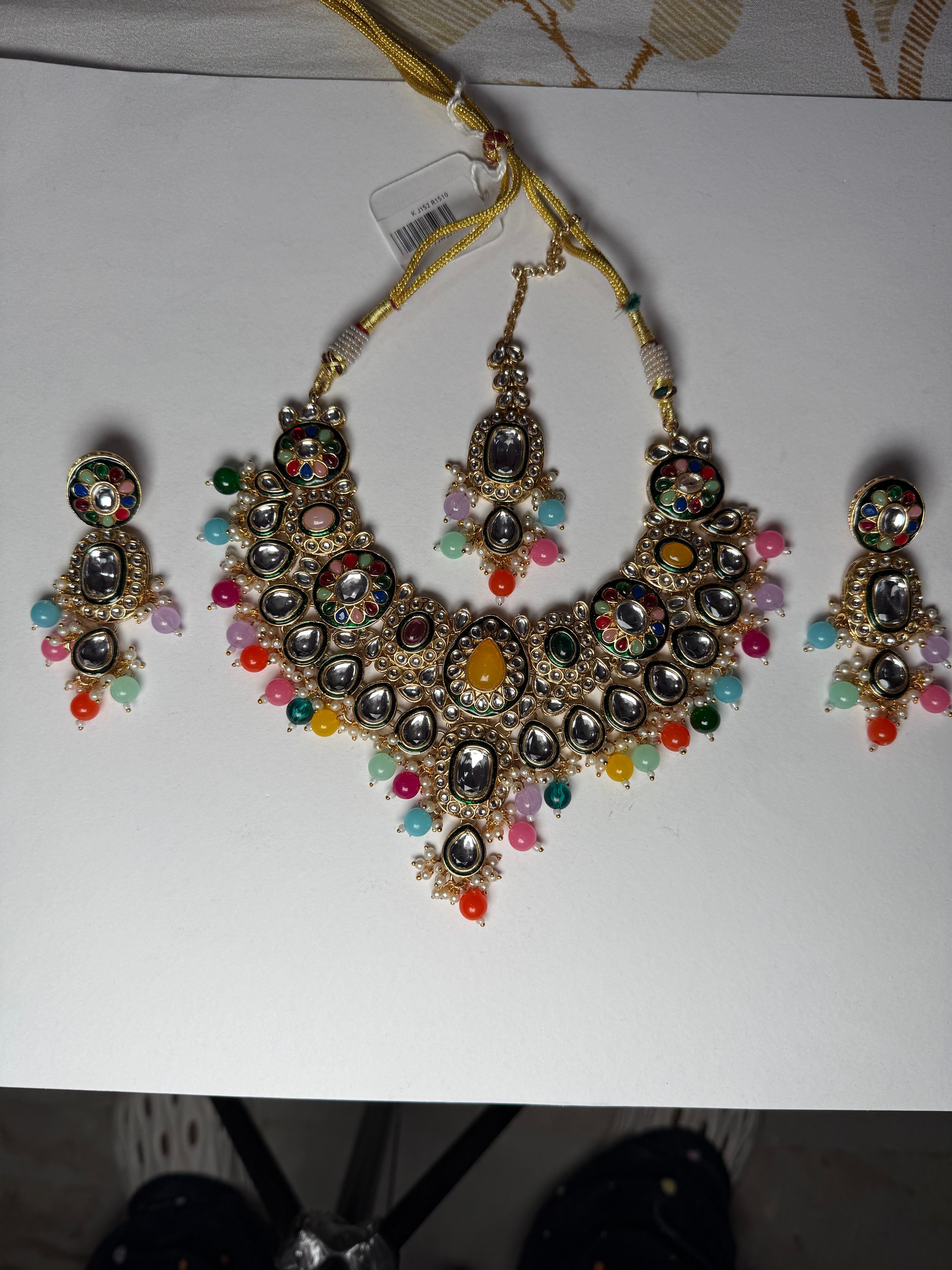 Princess Kundan Semi-Bridal Necklace Set with Earrings & Maang Tikka | Heavy Beaded Jewellery