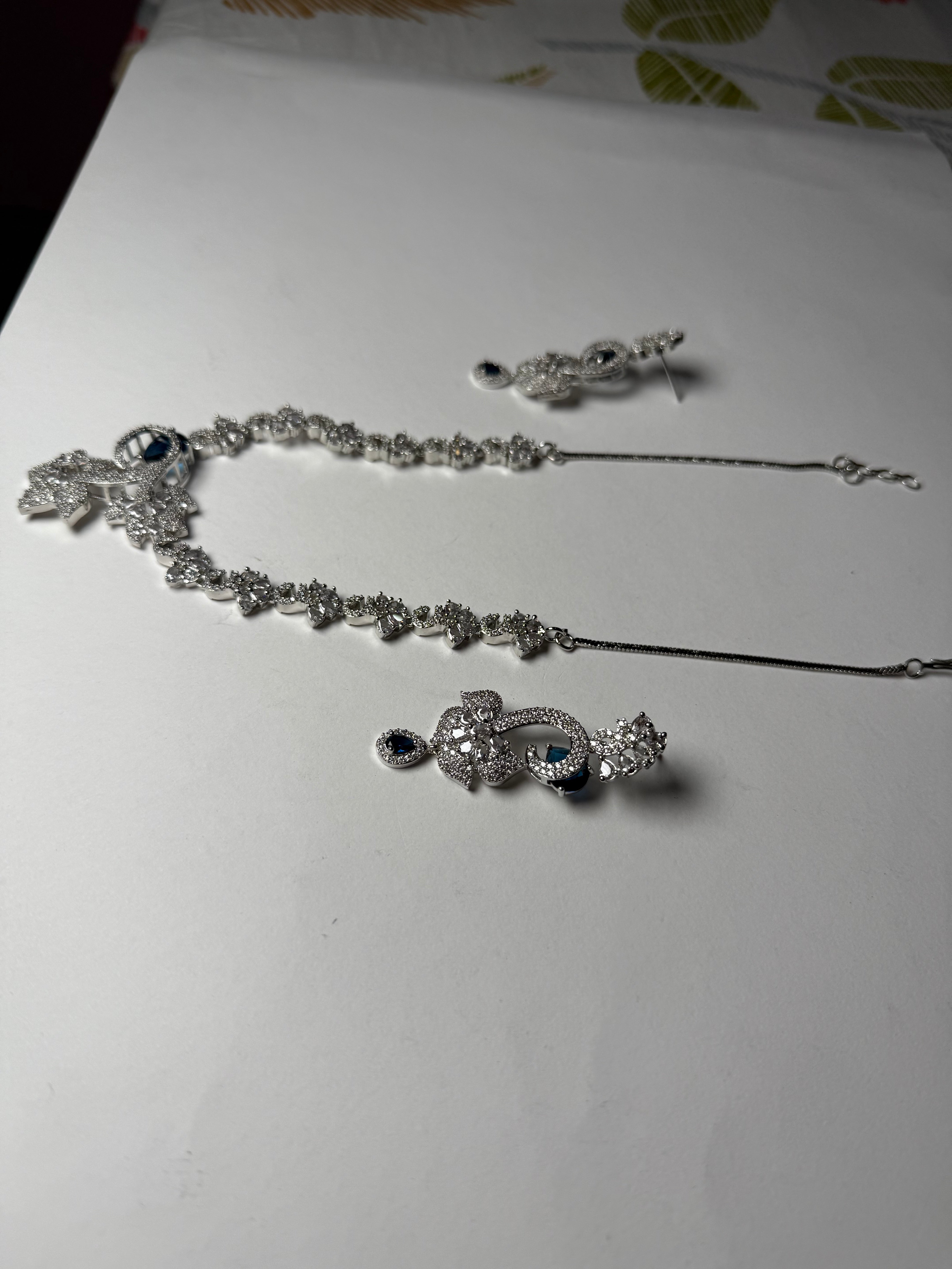 Star Pattern Queen American Diamond Necklace Set | Rhodium Finish Jewellery