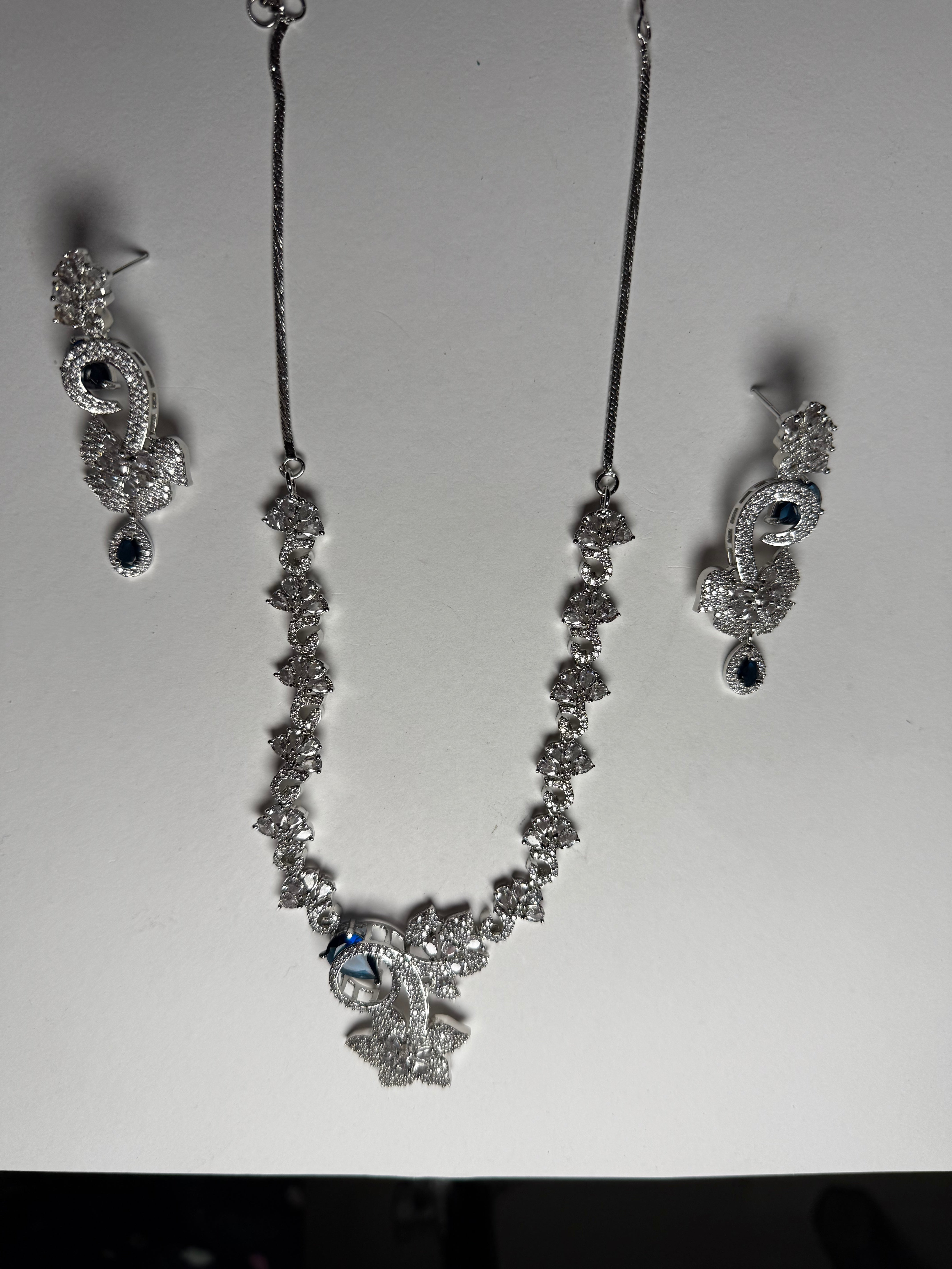 Star Pattern Queen American Diamond Necklace Set | Rhodium Finish Jewellery