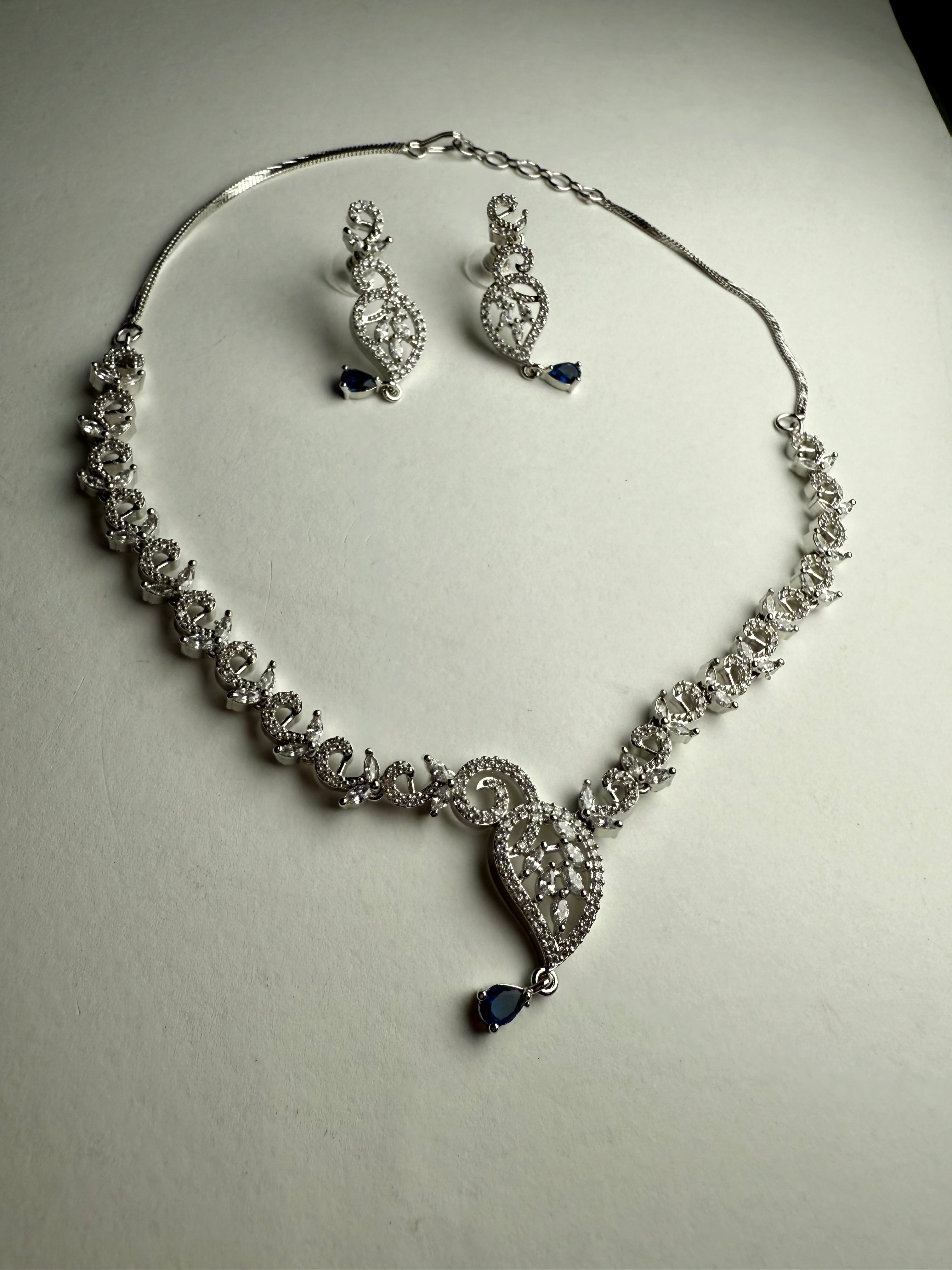 Minimal Leaf Pattern American Diamond Necklace Set | Flexible Rhodium Polish Jewellery