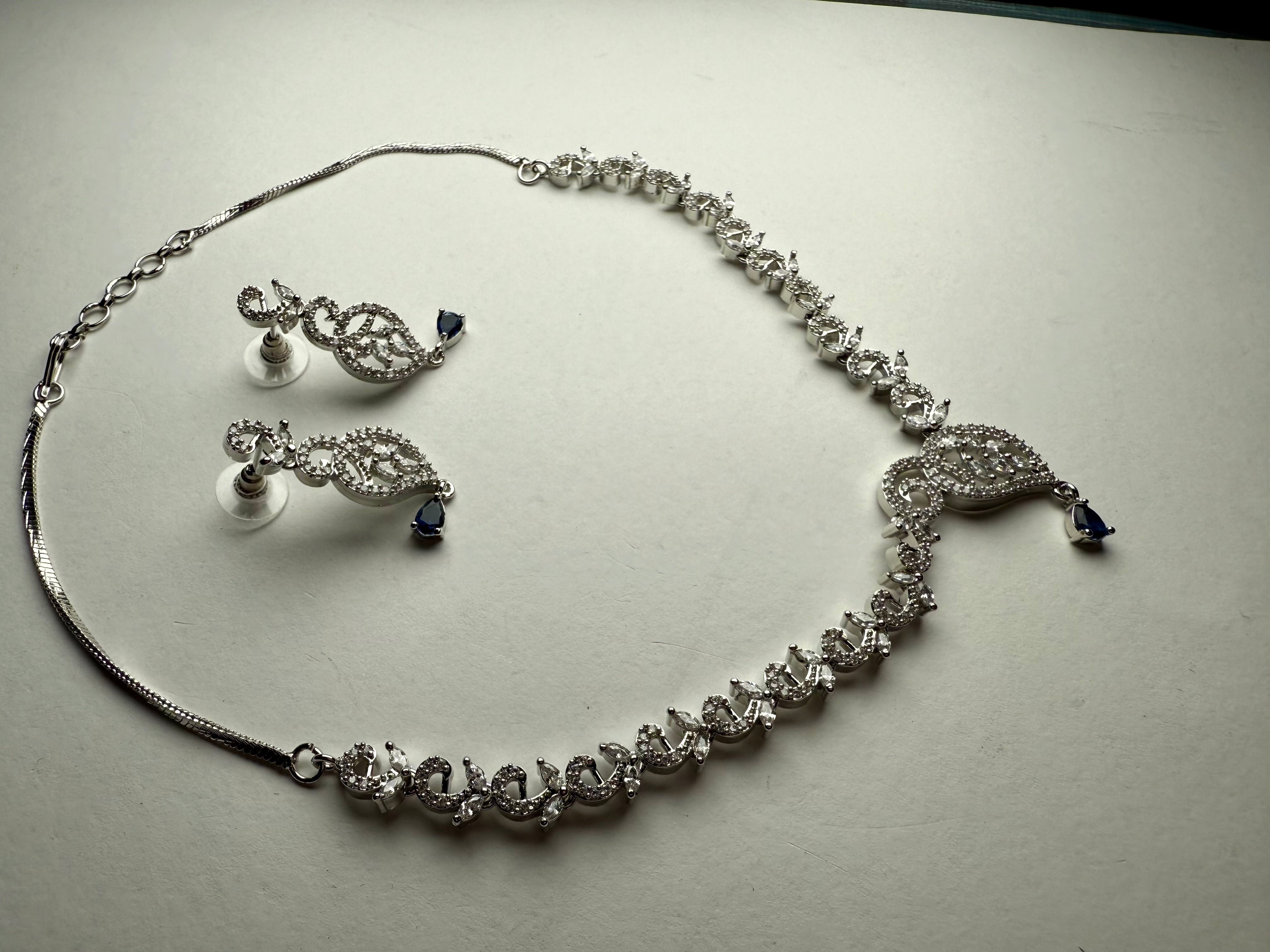 Minimal Leaf Pattern American Diamond Necklace Set | Flexible Rhodium Polish Jewellery