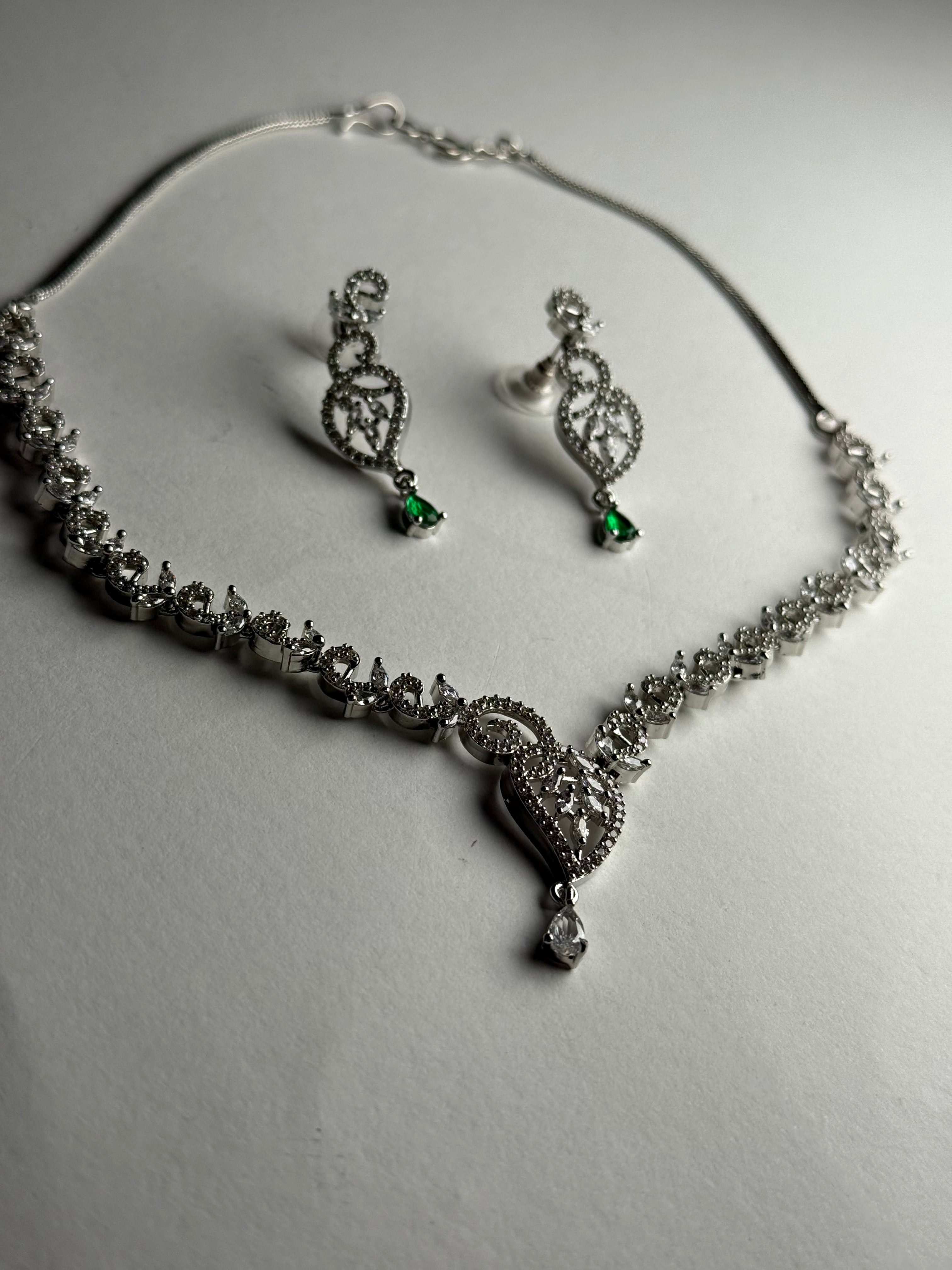 Minimal Leaf Pattern American Diamond Necklace Set | Flexible Rhodium Polish Jewellery