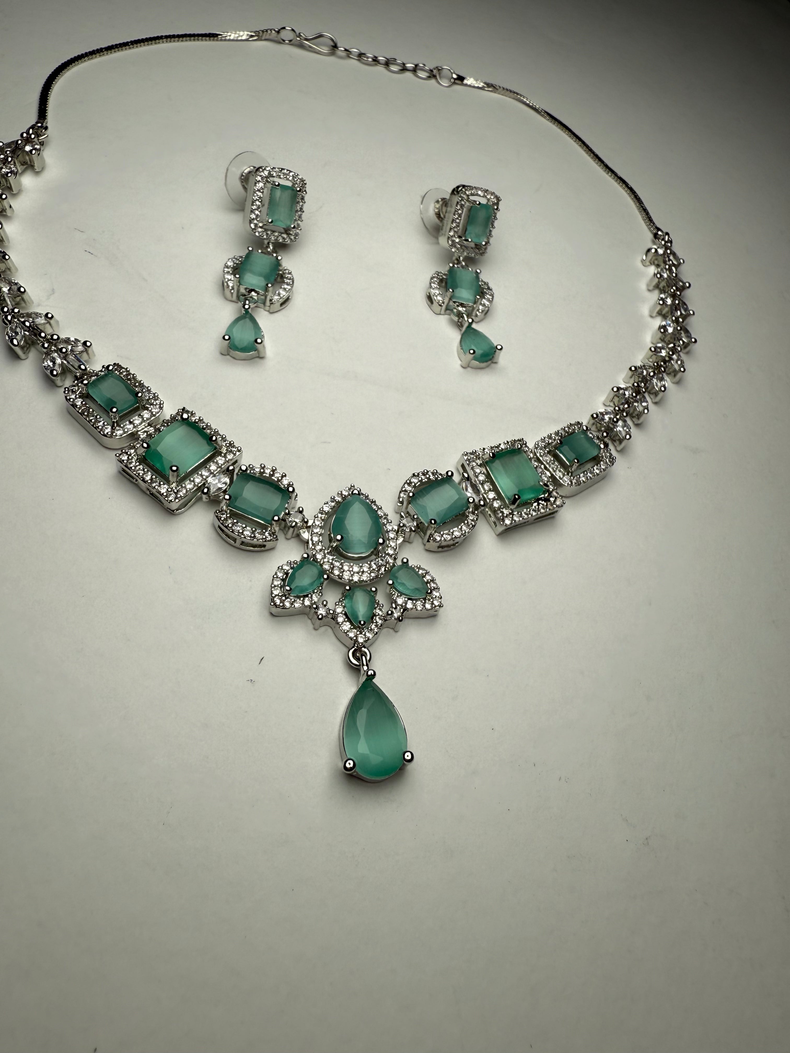 Majestic American Diamond Necklace Set with Rhodium Polish | Lightweight AD Jewellery