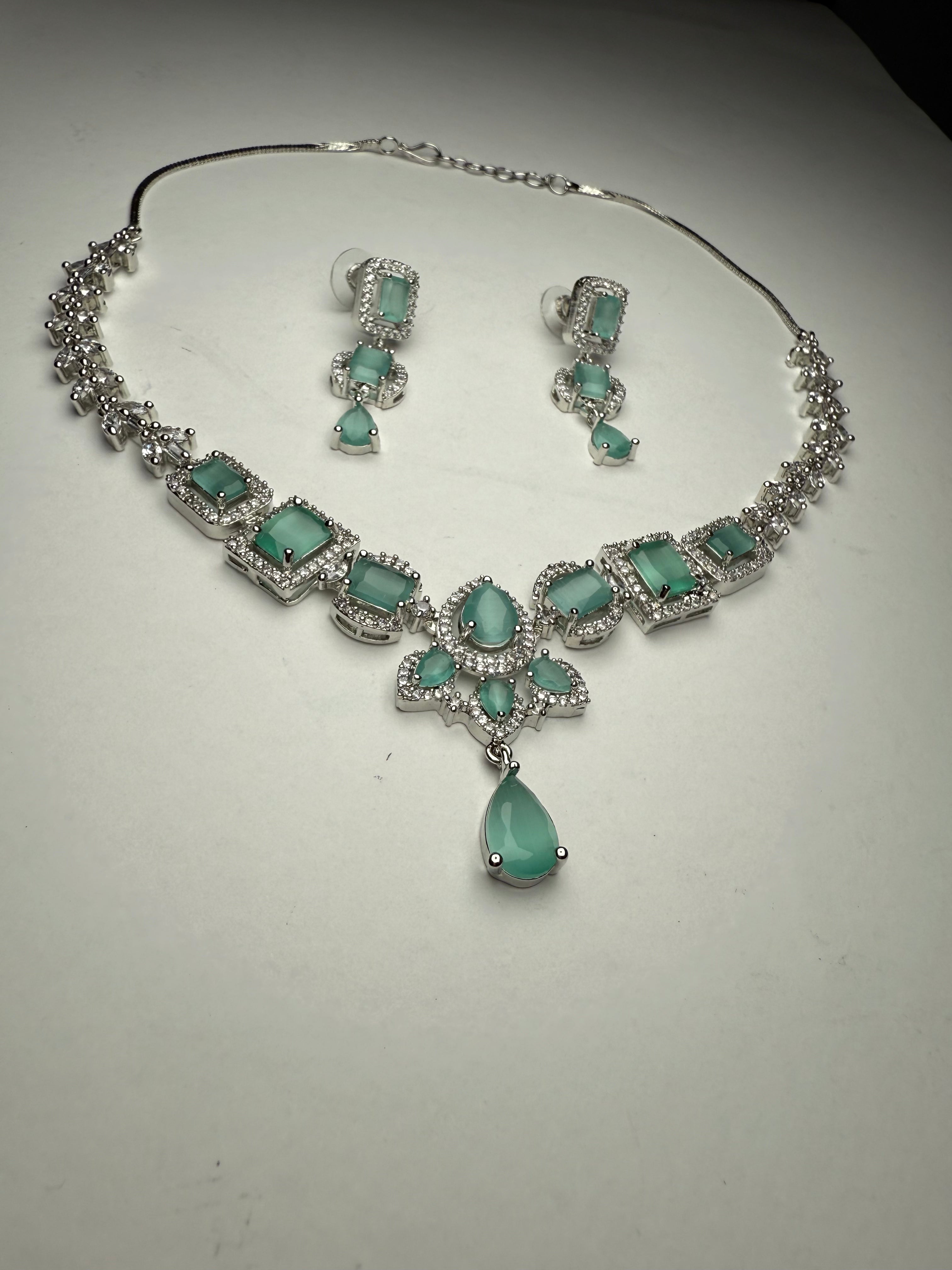 Majestic American Diamond Necklace Set with Rhodium Polish | Lightweight AD Jewellery