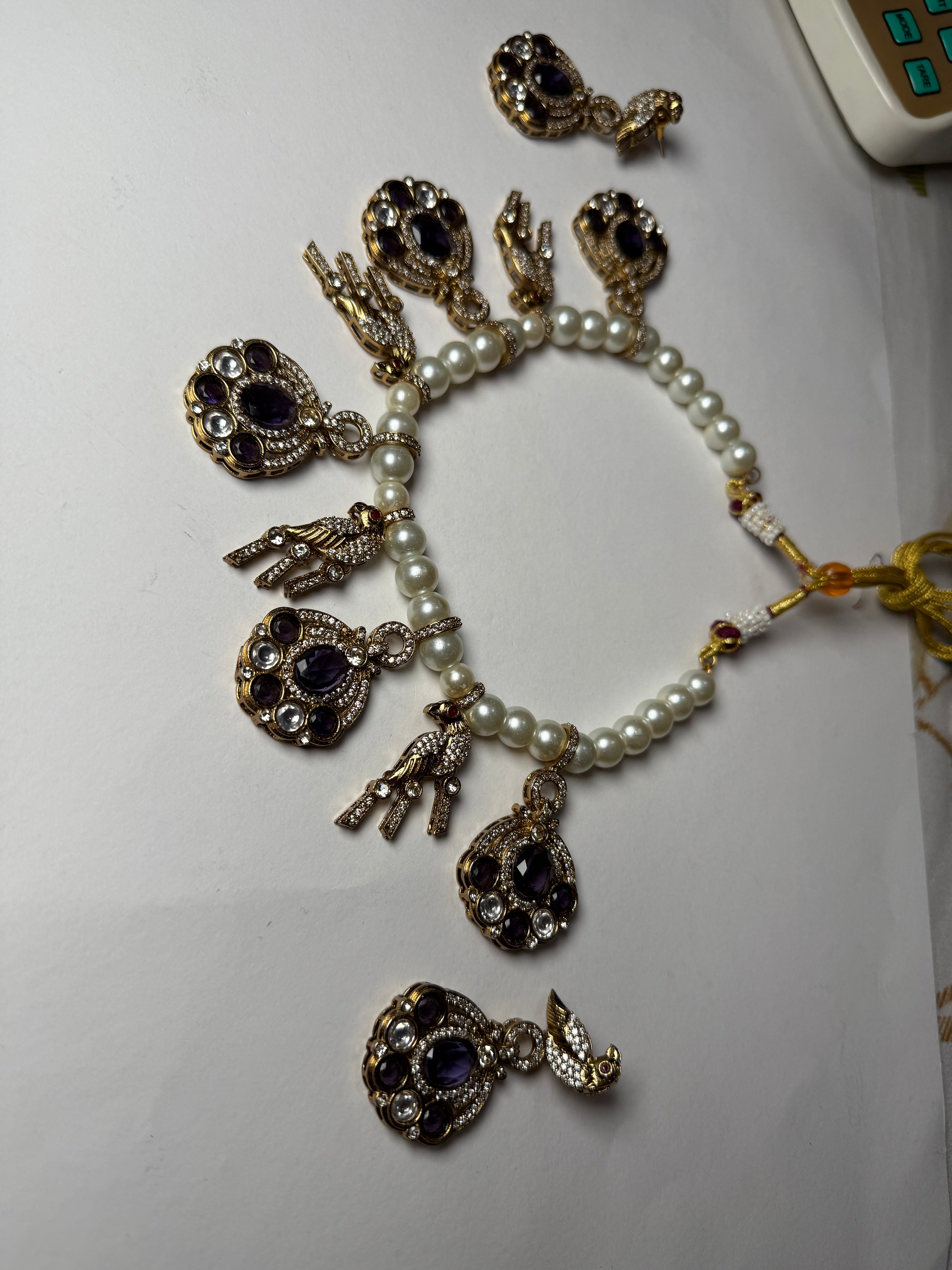 Pearl Mala Bird Designer Necklace Set with Big Earrings | Premium AD Brass Jewellery