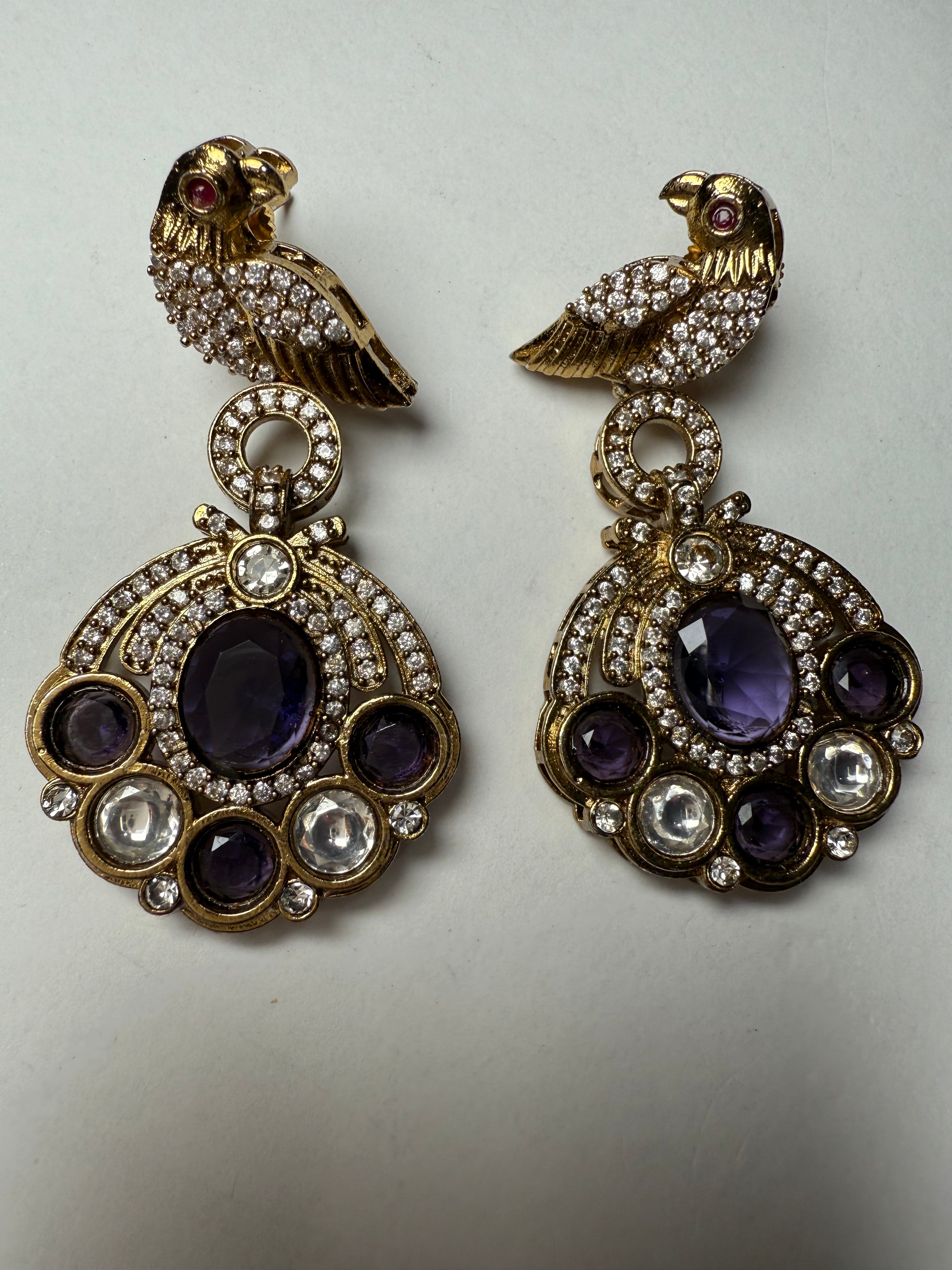 Pearl Mala Bird Designer Necklace Set with Big Earrings | Premium AD Brass Jewellery