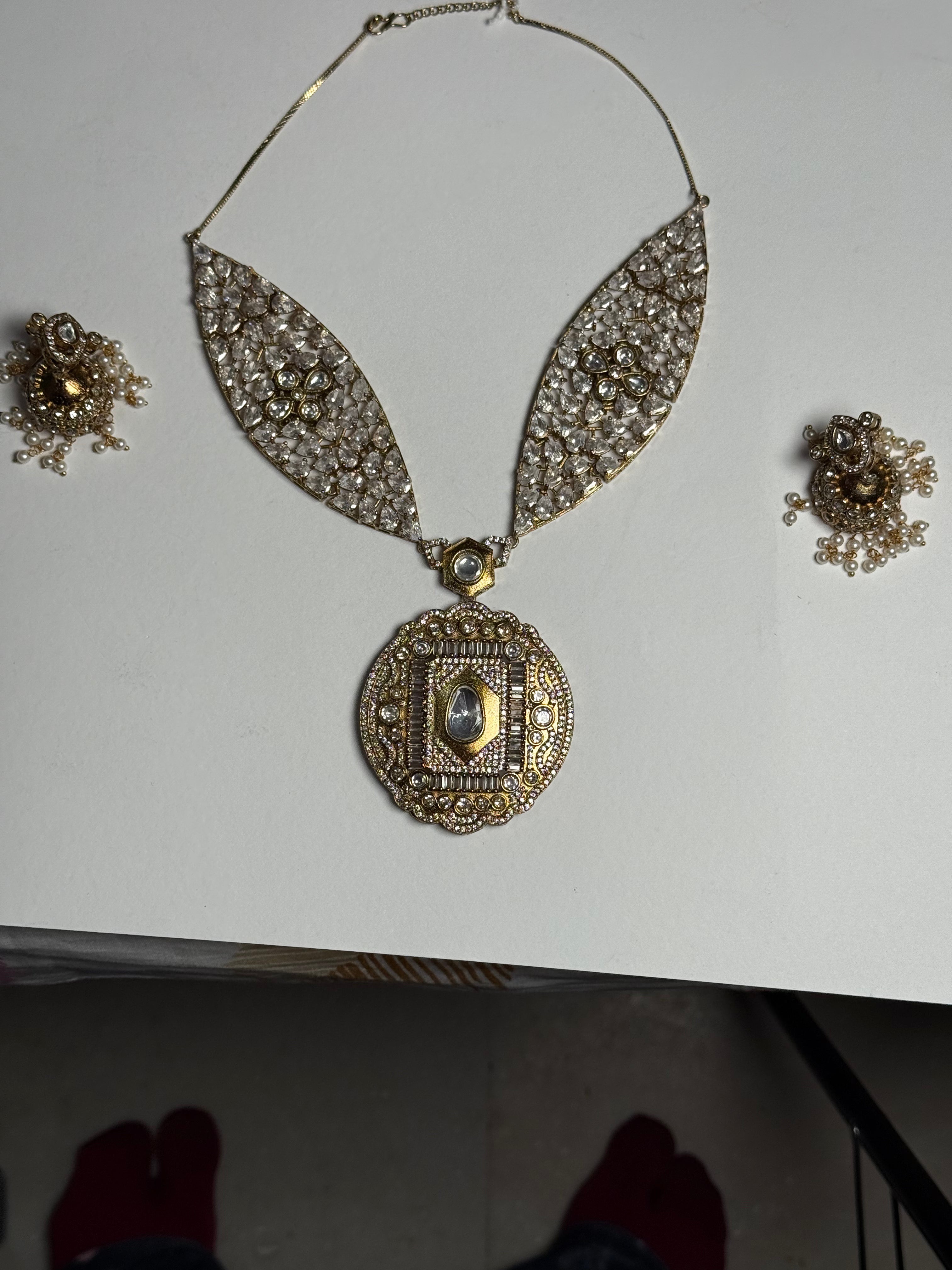Pearl Mala Bird Designer Necklace Set with Big Earrings | Premium AD Brass Jewellery