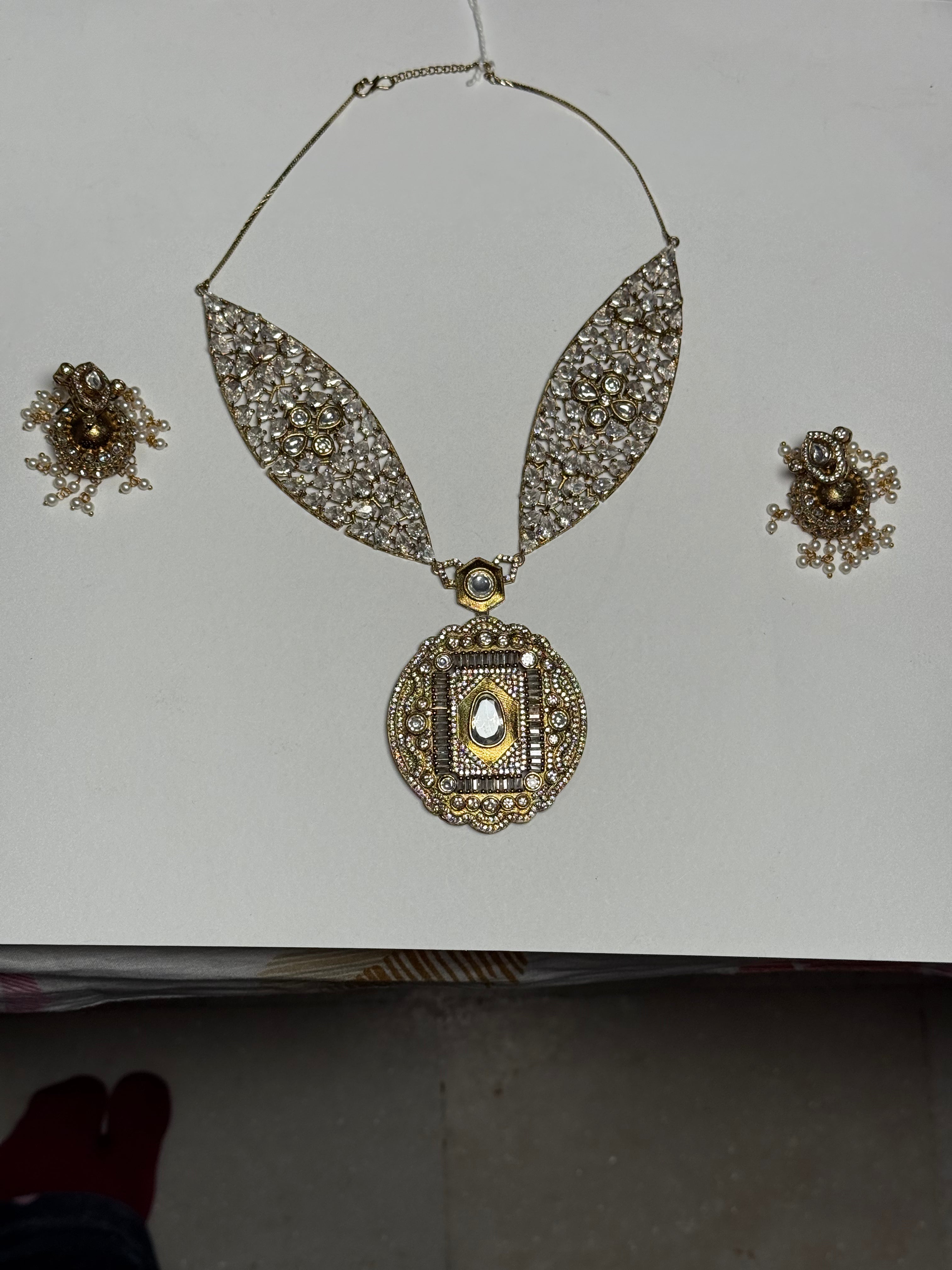 Pearl Mala Bird Designer Necklace Set with Big Earrings | Premium AD Brass Jewellery