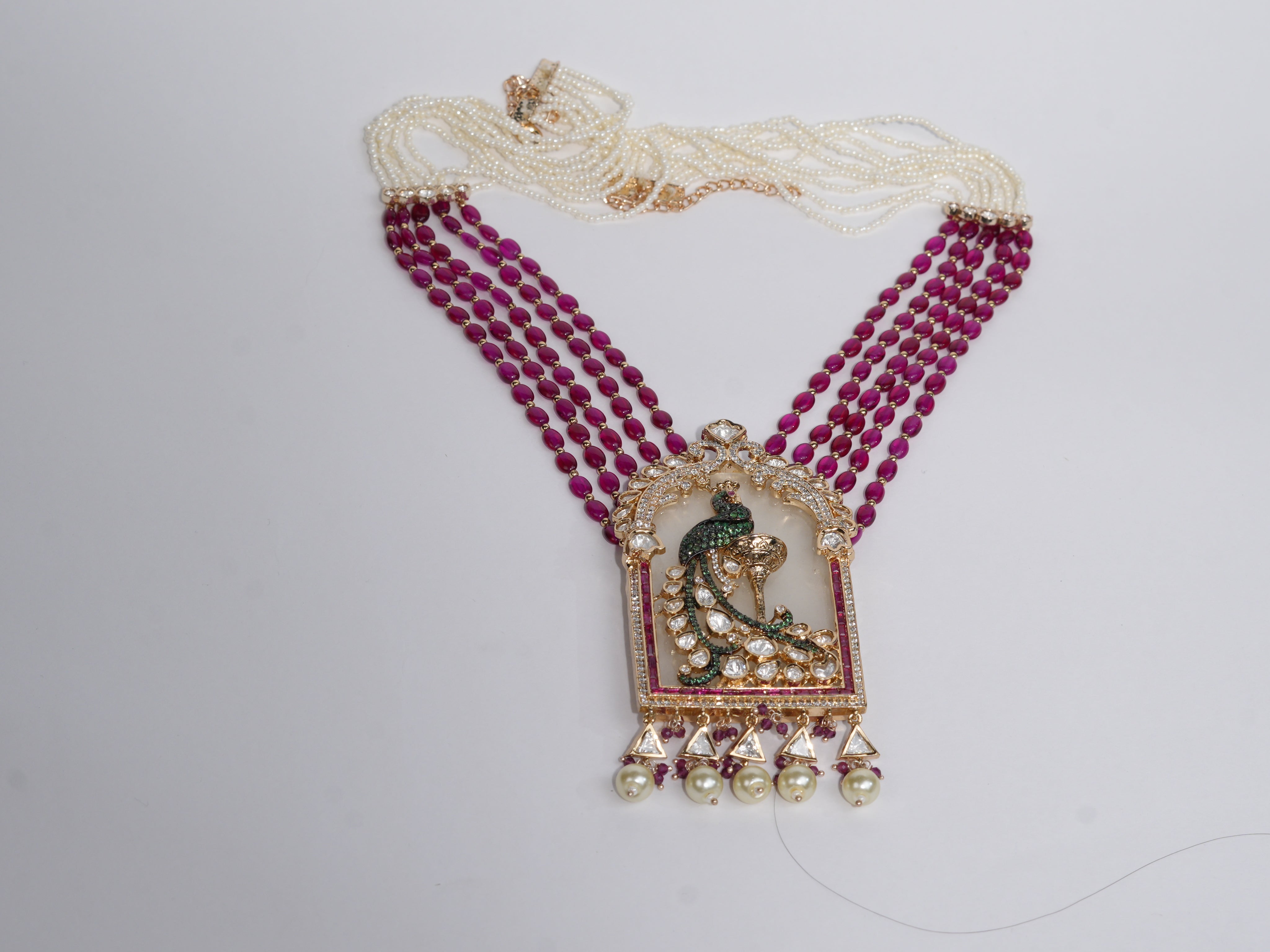 Premimum Real Uncut Polki Ruby Beaded Peacock Necklace Set