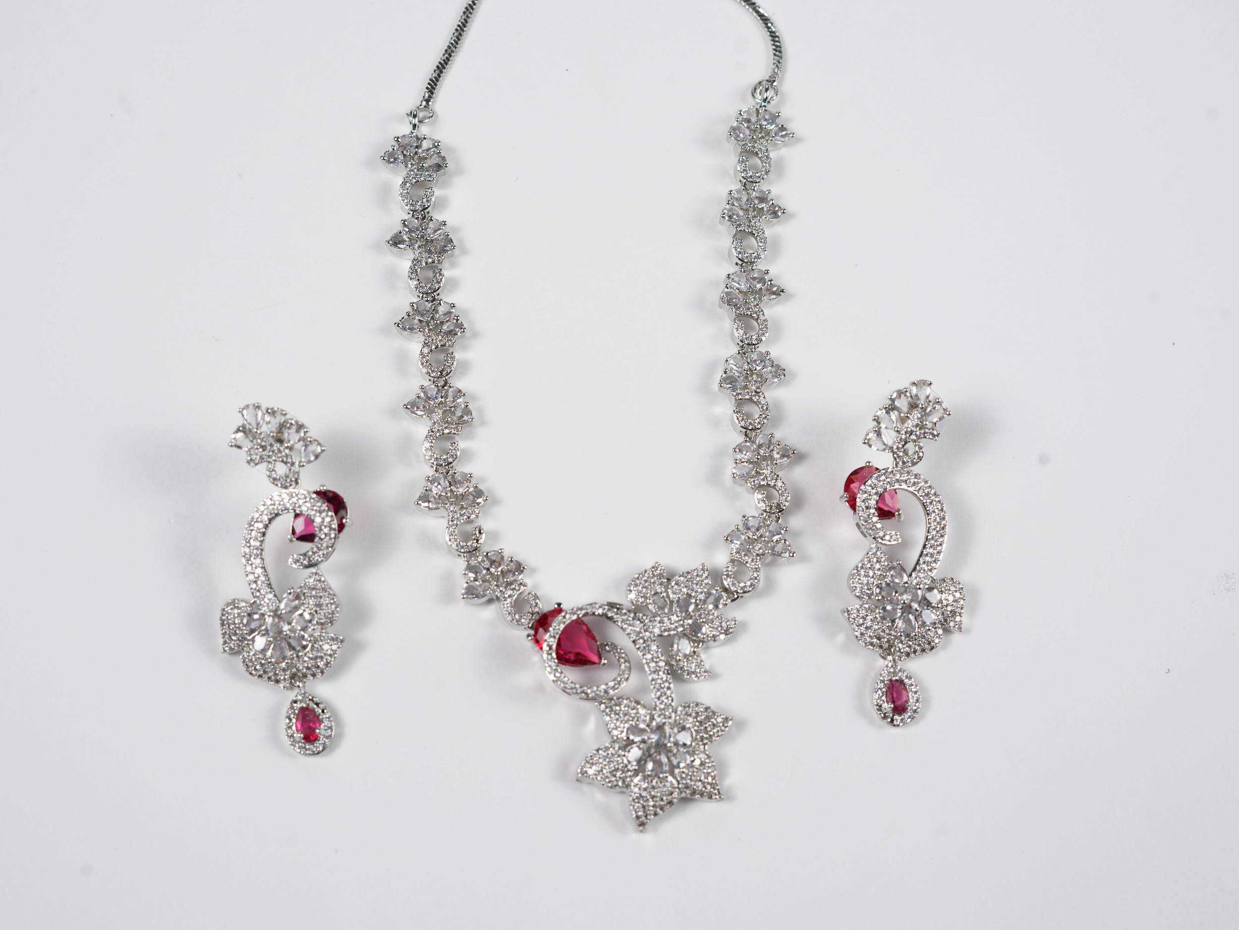 AD Ruby Curvy Flower Shape Necklace