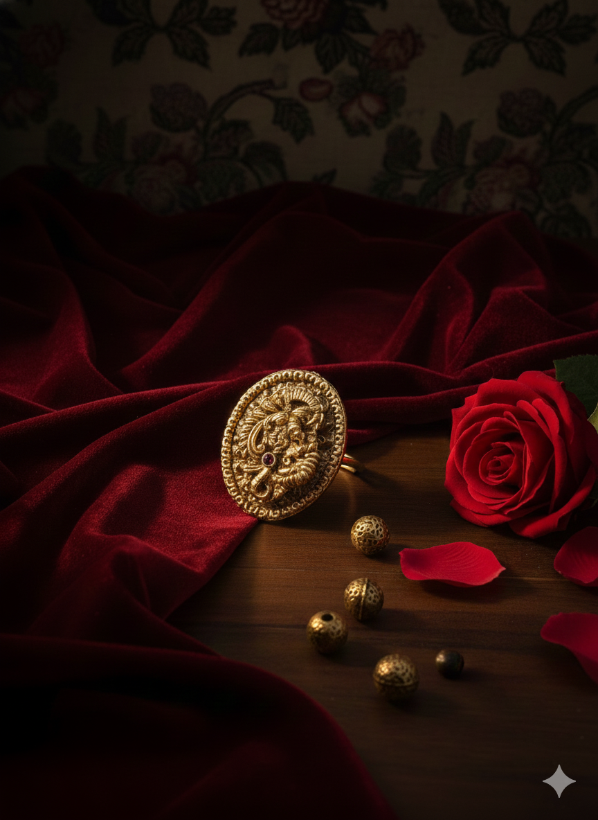 Goddess Laxmi Carving Temple Ring for Women | Premium Next-to-Gold Finish | Pure Brass Adjustable Ring | 3.56 cm Traditional Temple Jewellery