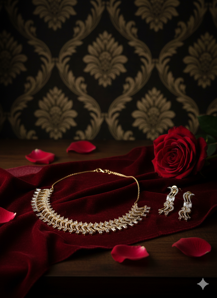 Curvy Diamond Necklace Set for Women | Premium AD Stones | Elegant Curvy Design | Includes Matching Earrings | Lightweight 45g Jewellery Set