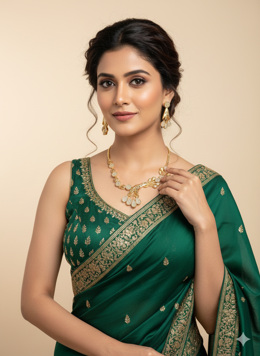 Royal Gold Plated Floral Drop Necklace Set | Nano Setting American Diamond Jewellery | Pure Brass, Premium Finish