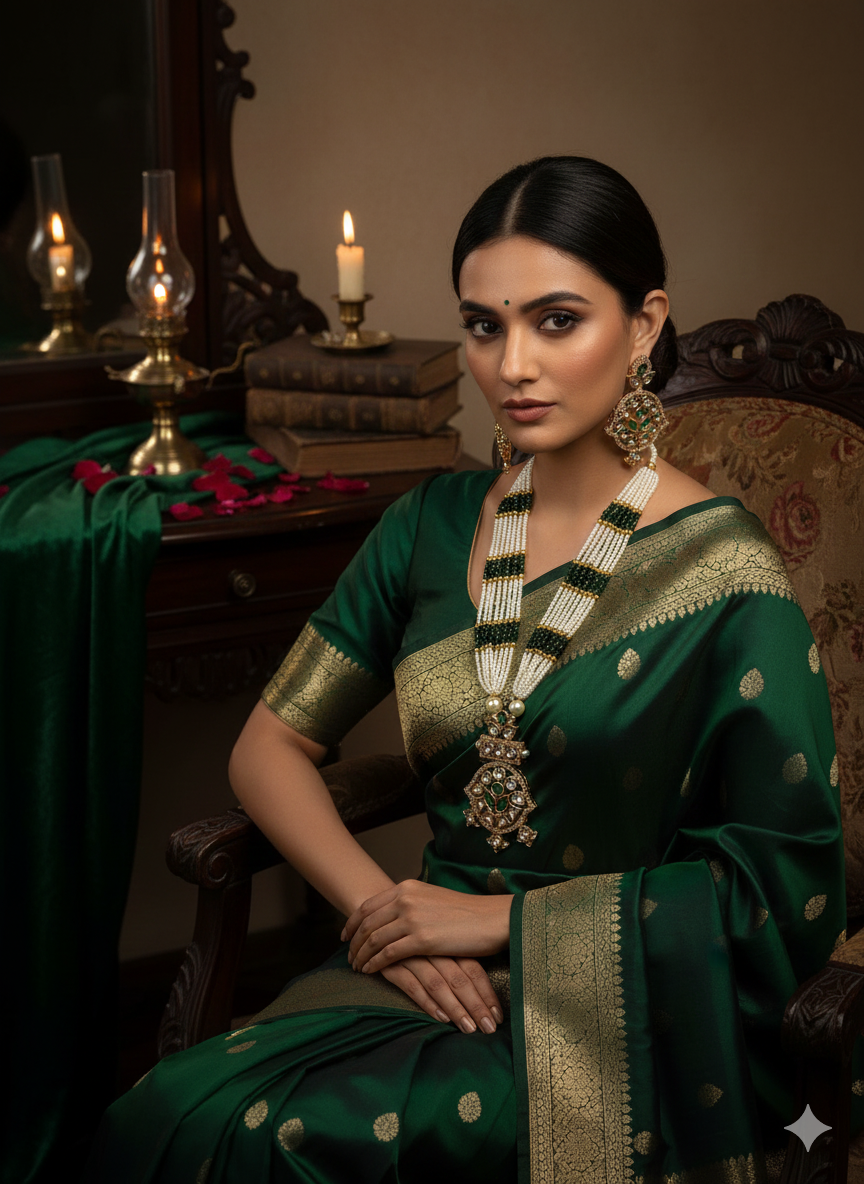 Emerald Noor Polki Long Mala Set with Earrings | Kundan & Pearl Jewellery