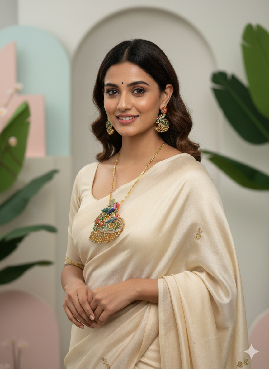 Golden Enamel Bird Bloom Pendant Set | Multicolour Enamel Pendant with AD Stones