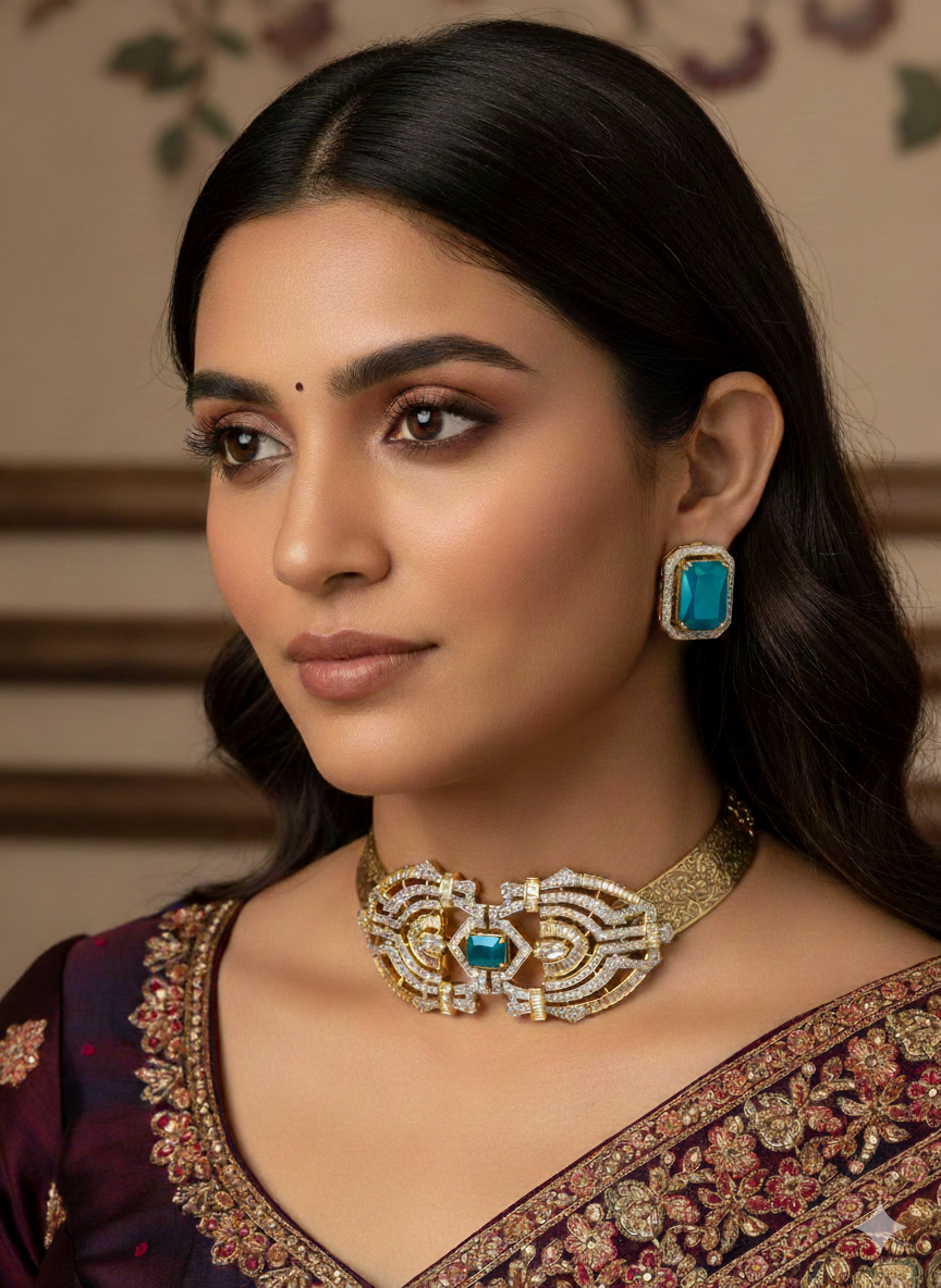 Gold Engraved Hasli Necklace Set for Women | Carved Golden Hasli with American Diamond Pendant | Glass Stone Stud Earrings | Pure Brass | 15.24 cm Premium Statement Jewellery Set