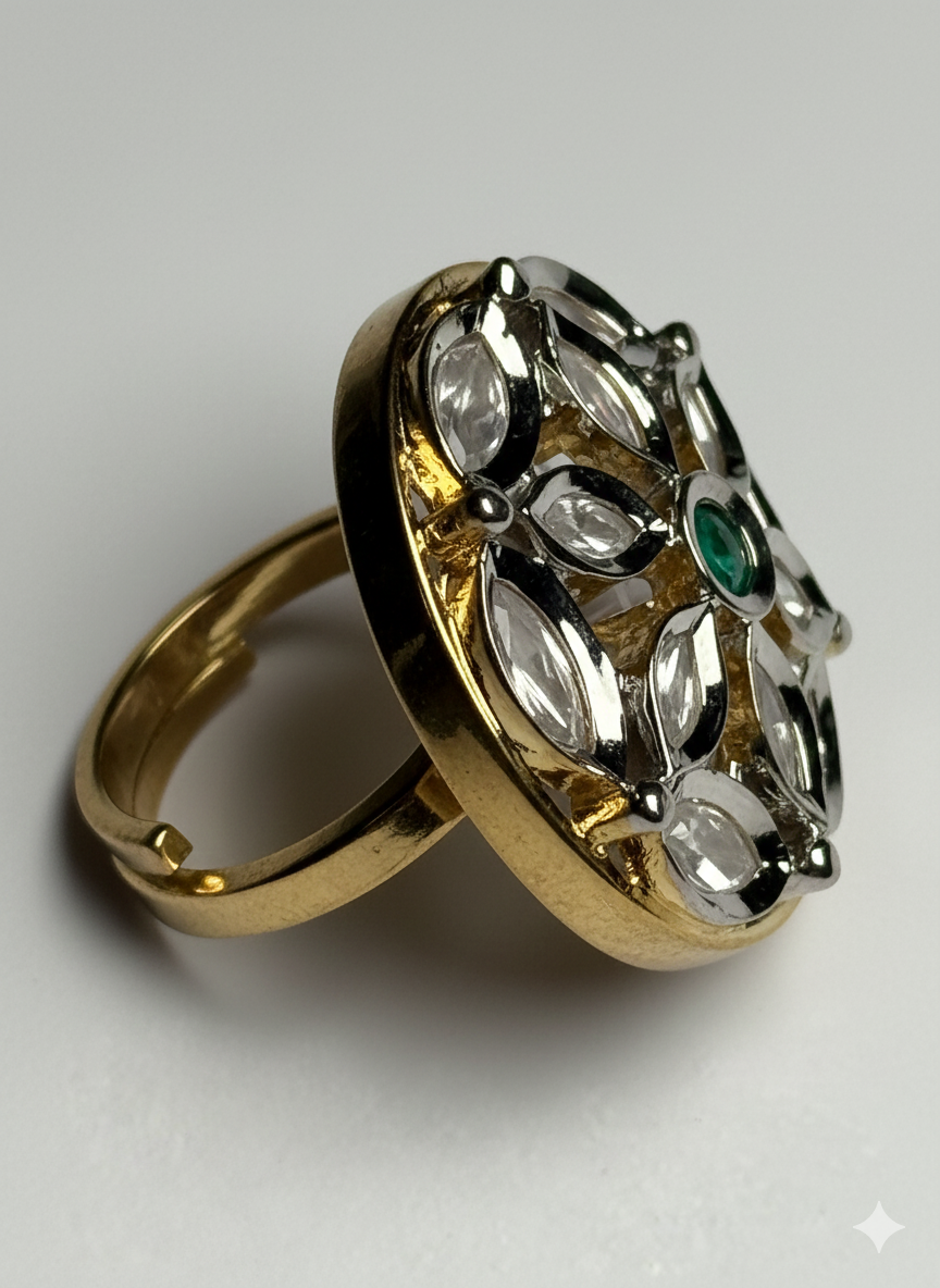 Vintage Lotus Kundan Adjustable Ring for Women | Premium Rhodium Polish | Pure Brass Traditional Finger Ring | Red & Green Colours