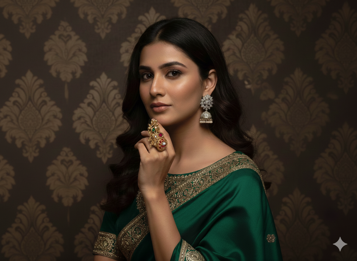 Heritage Bird Carving Kundan Ruby & Emerald Adjustable Ring for Women | Premium Finish | Next-to-Gold Look | Pure Brass | 4.06 cm Traditional Statement Ring