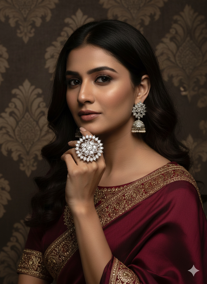 Sparkling Petal-Cluster American Diamond Adjustable Ring for Women | Premium CZ Stones | Rhodium Polish | Party Wear & Gifting | 3.43 cm Elegant AD Finger Ring