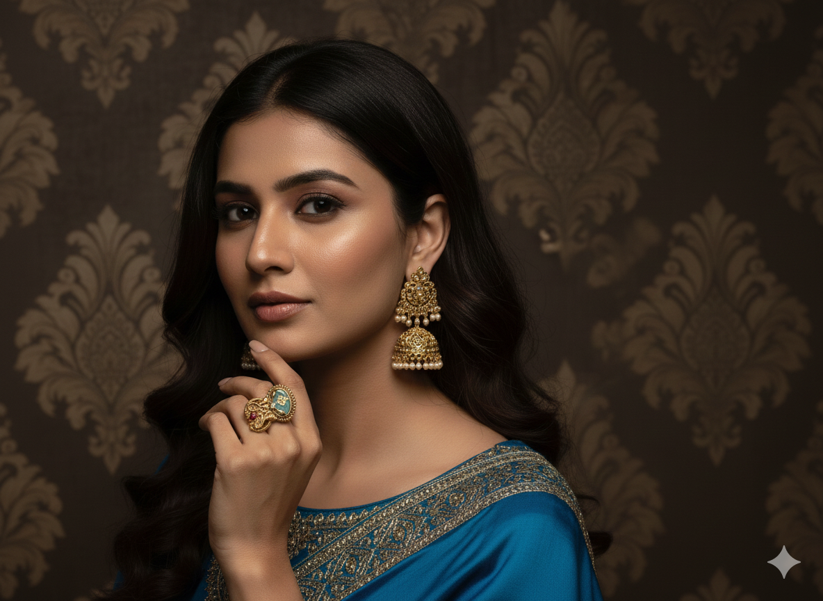 Shree Sakhi Heritage Flower Carving Kundan Ruby & Emerald Adjustable Ring for Women | Premium Finish | Next-to-Gold Look | Pure Brass | 3.56 cm Traditional Floral Ring