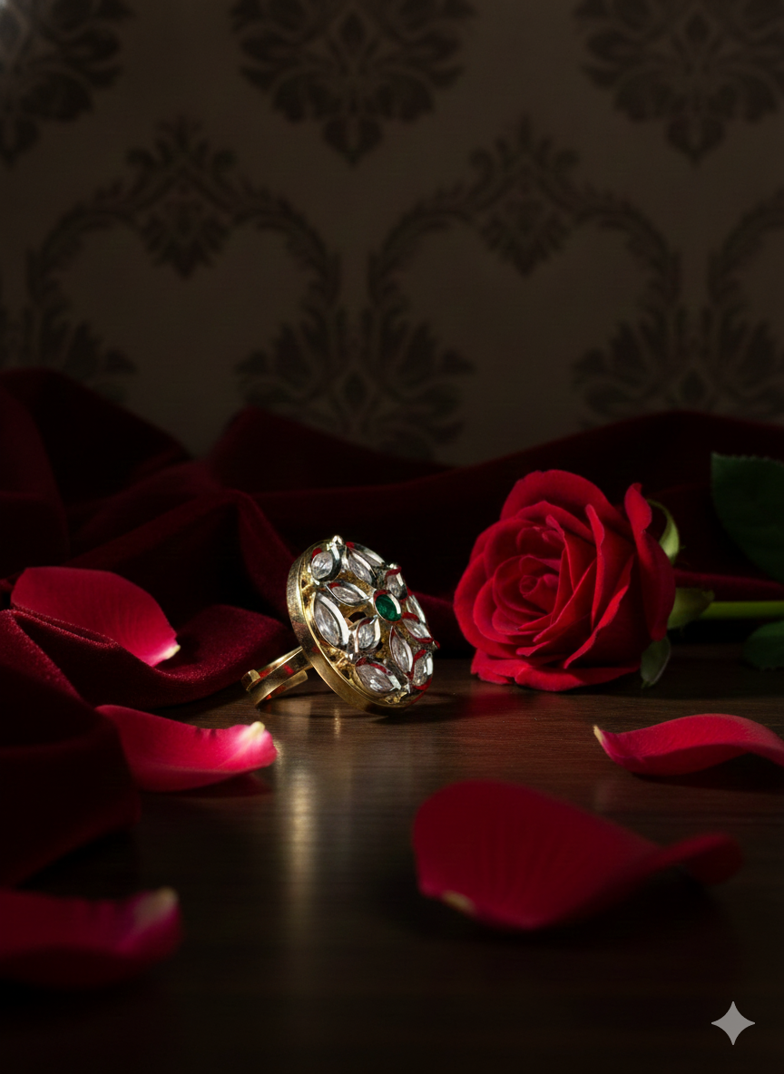 Vintage Lotus Kundan Adjustable Ring for Women | Premium Rhodium Polish | Pure Brass Traditional Finger Ring | Red & Green Colours