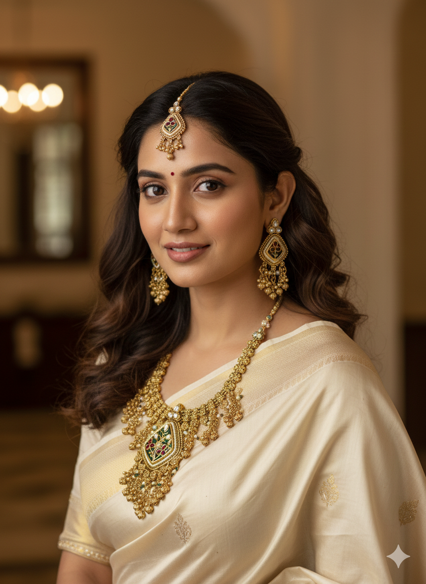 Heritage Gold Plated Kundan Necklace Set | Ruby-Emerald Fusion Carved Jewellery