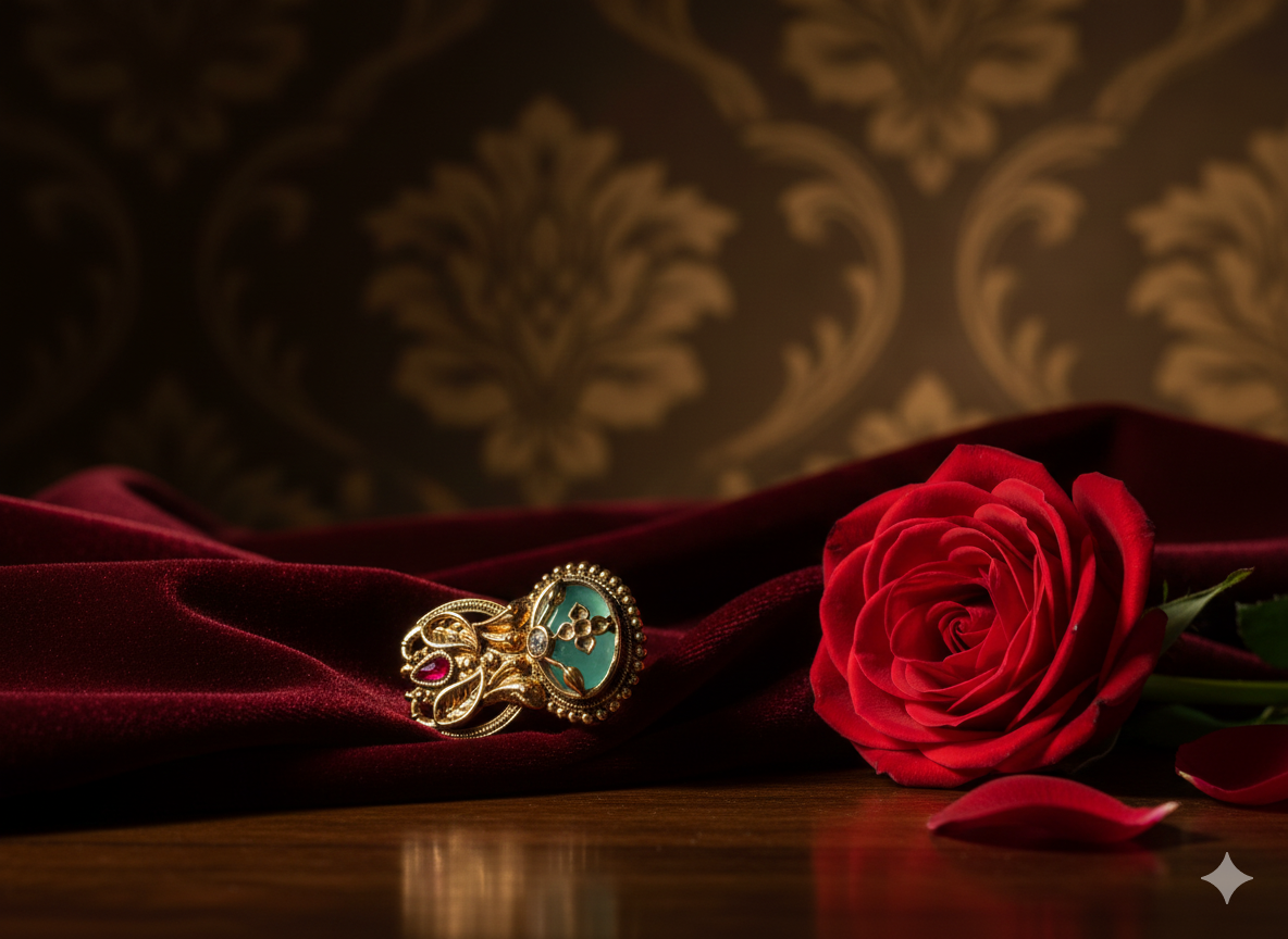 Shree Sakhi Heritage Flower Carving Kundan Ruby & Emerald Adjustable Ring for Women | Premium Finish | Next-to-Gold Look | Pure Brass | 3.56 cm Traditional Floral Ring