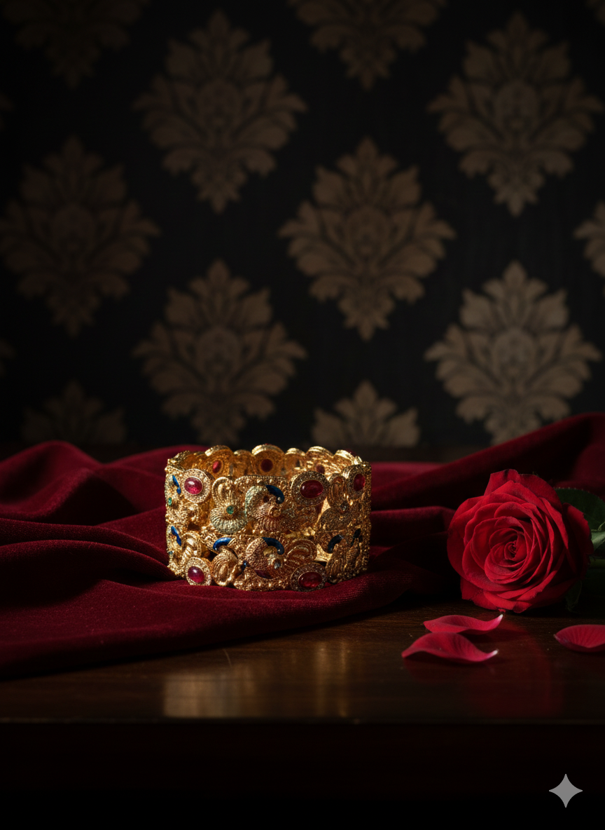 Rajwadi Peacock Bangle Set for Women | Golden Polish with Ruby Detailing | Premium Next-to-Gold Finish | Alloy | Set of 2 | Available in Sizes 2.4, 2.6, 2.8