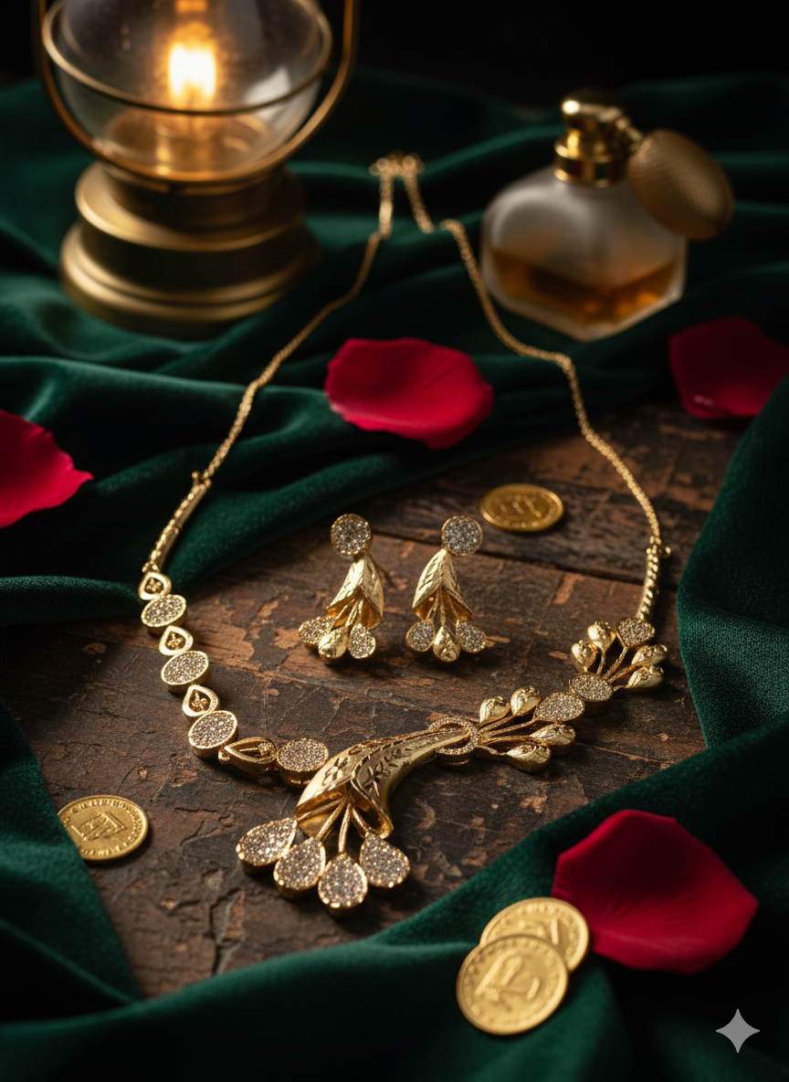 Royal Gold Plated Floral Drop Necklace Set | Nano Setting American Diamond Jewellery | Pure Brass, Premium Finish