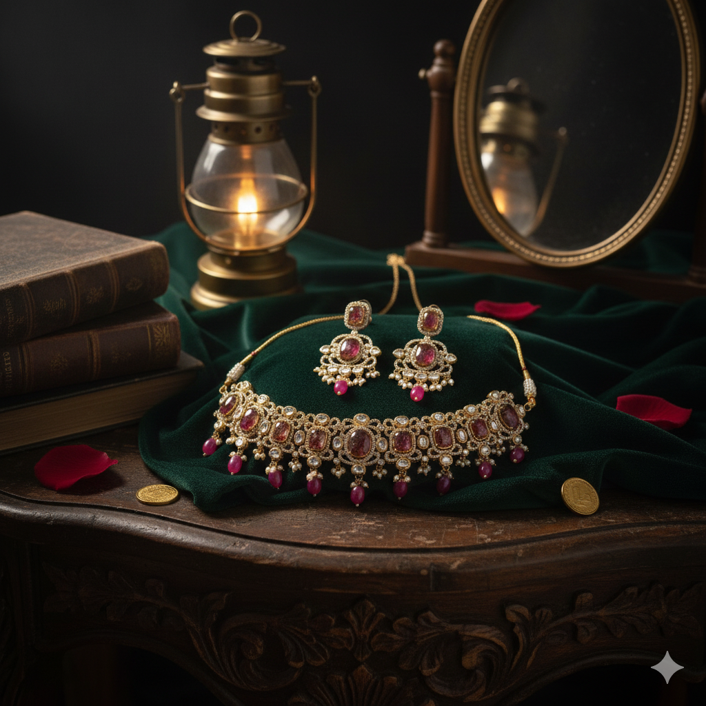 Royal Multi-Stone Polki Kundan Necklace Set | AD Onyx Beads Choker with Chandbali Earrings | Premium Golden Finish