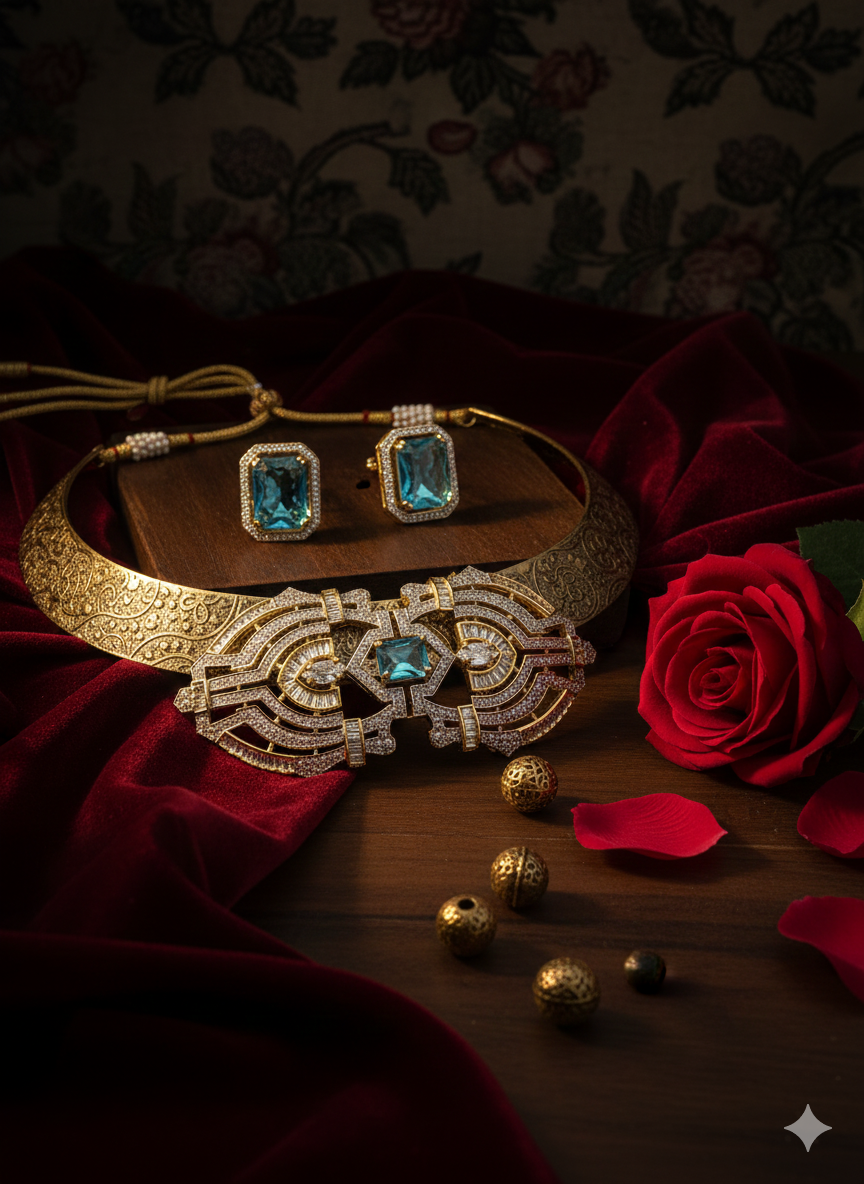 Gold Engraved Hasli Necklace Set for Women | Carved Golden Hasli with American Diamond Pendant | Glass Stone Stud Earrings | Pure Brass | 15.24 cm Premium Statement Jewellery Set