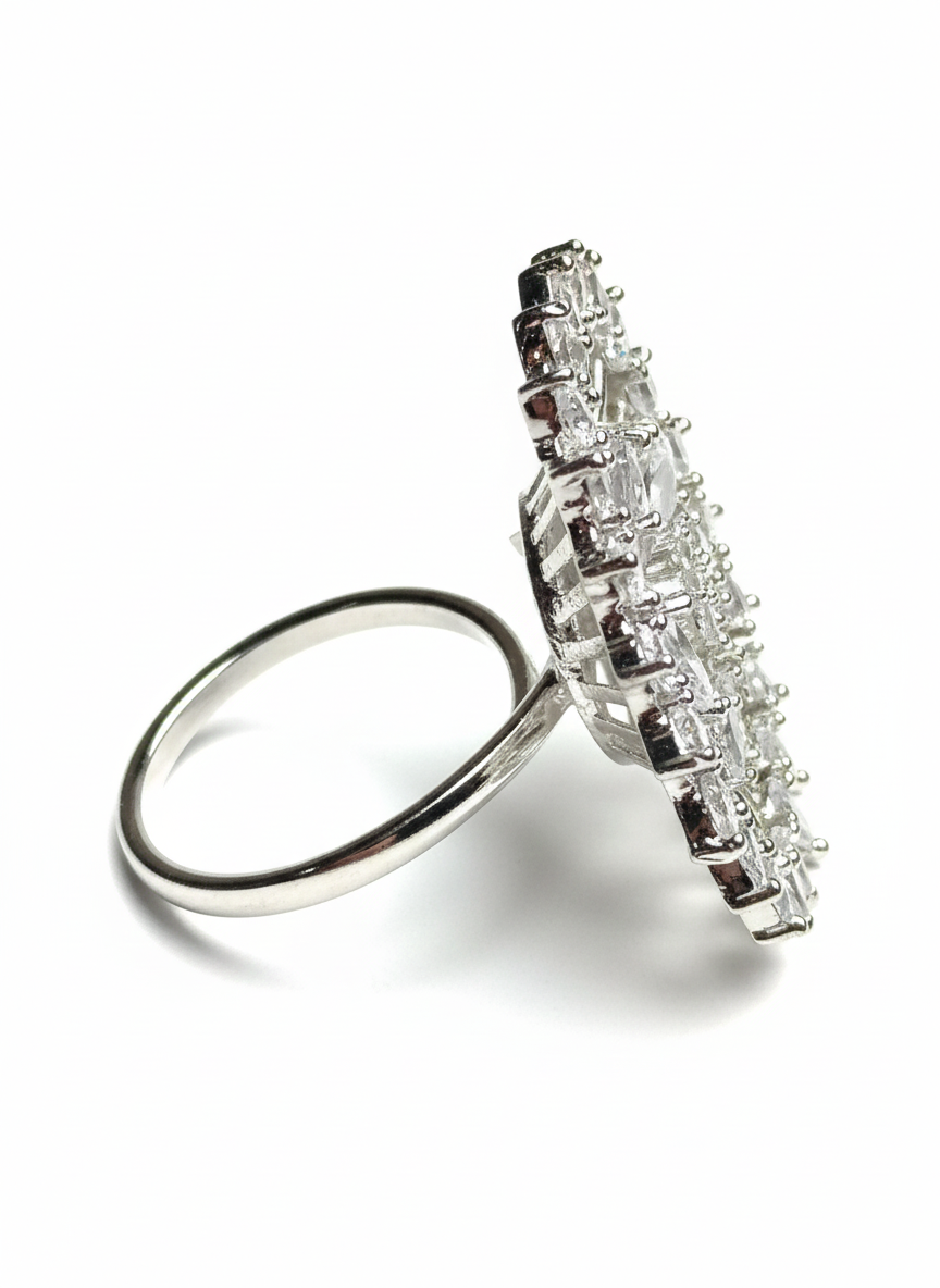 Sparkling Petal-Cluster American Diamond Adjustable Ring for Women | Premium CZ Stones | Rhodium Polish | Party Wear & Gifting | 3.43 cm Elegant AD Finger Ring