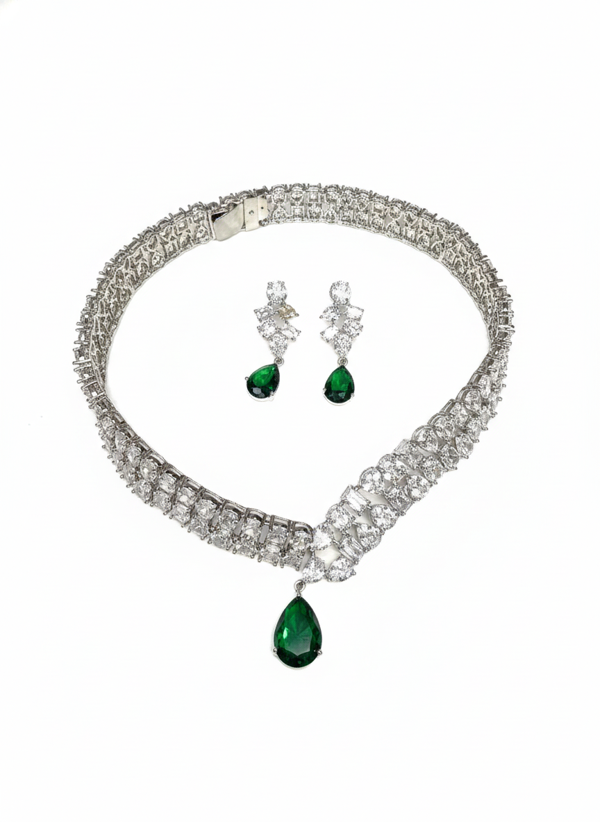 Princess Emerald American Diamond Designer Necklace Set | Premium AD Jewellery for Women