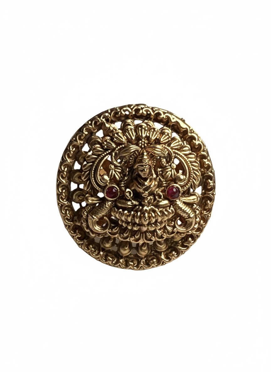 Goddess Laxmi Carving Temple Ring for Women | Premium Next-to-Gold Finish | Pure Brass Adjustable Ring | 3.56 cm Traditional Temple Jewellery