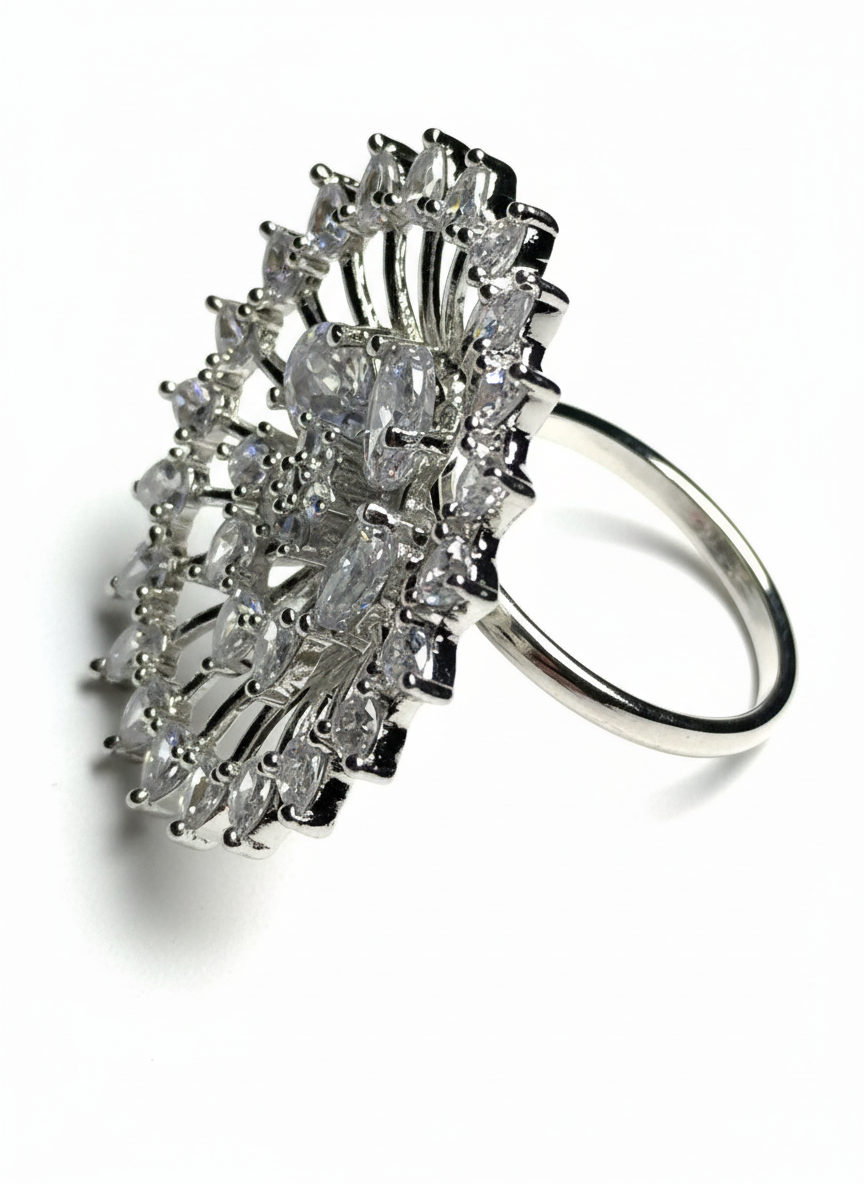 Sparkling Petal-Cluster American Diamond Adjustable Ring for Women | Premium CZ Stones | Rhodium Polish | Party Wear & Gifting | 3.43 cm Elegant AD Finger Ring