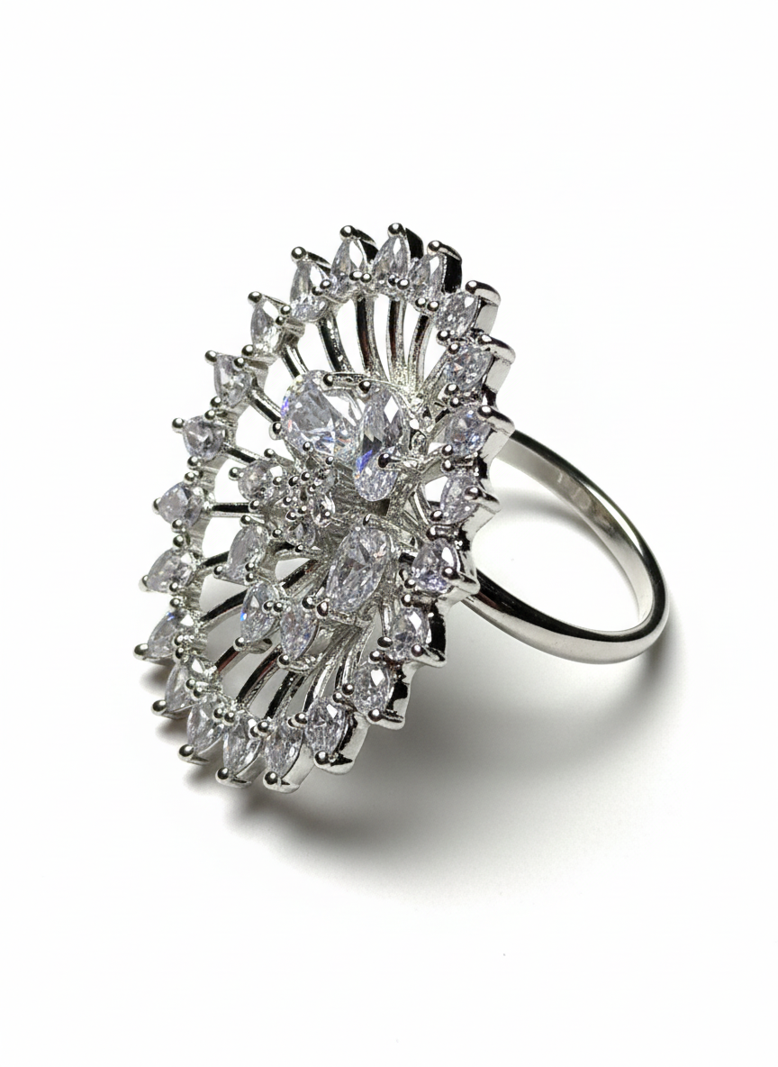 Sparkling Petal-Cluster American Diamond Adjustable Ring for Women | Premium CZ Stones | Rhodium Polish | Party Wear & Gifting | 3.43 cm Elegant AD Finger Ring