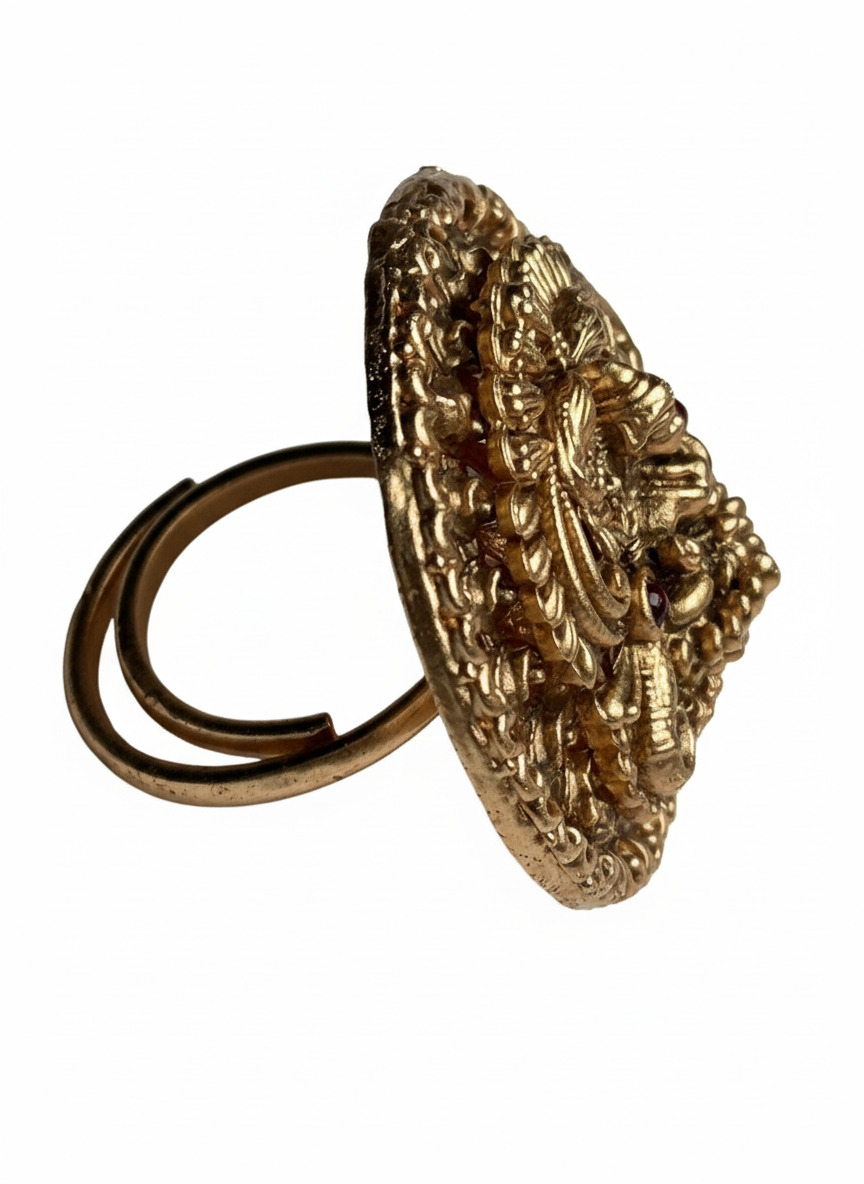 Goddess Laxmi Carving Temple Ring for Women | Premium Next-to-Gold Finish | Pure Brass Adjustable Ring | 3.56 cm Traditional Temple Jewellery