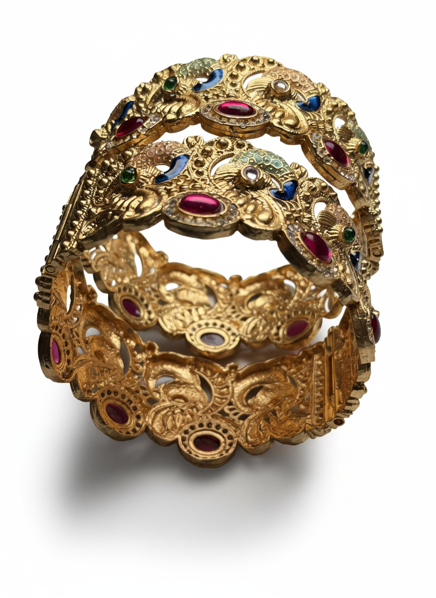 Rajwadi Peacock Bangle Set for Women | Golden Polish with Ruby Detailing | Premium Next-to-Gold Finish | Alloy | Set of 2 | Available in Sizes 2.4, 2.6, 2.8