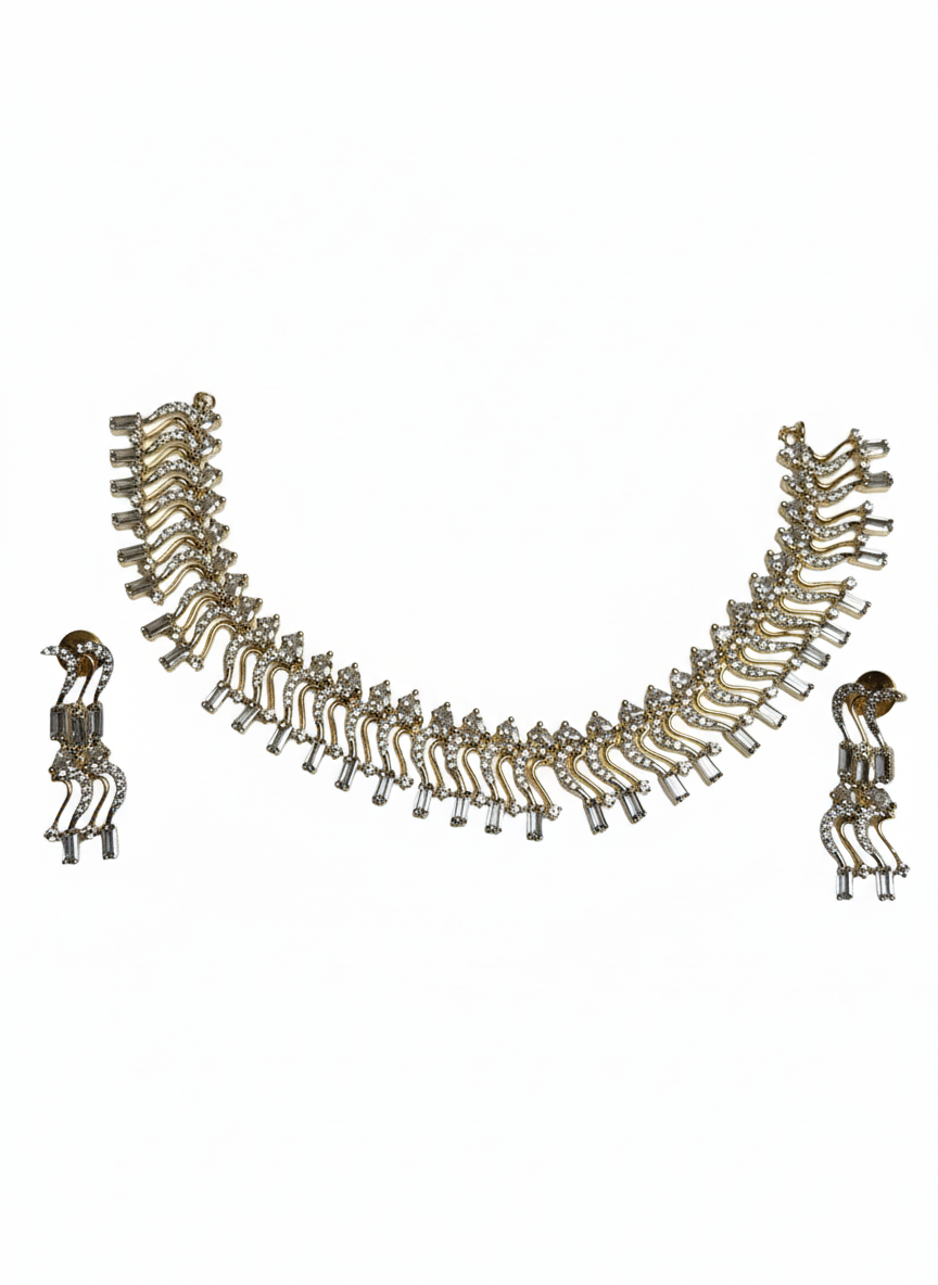 Curvy Diamond Necklace Set for Women | Premium AD Stones | Elegant Curvy Design | Includes Matching Earrings | Lightweight 45g Jewellery Set