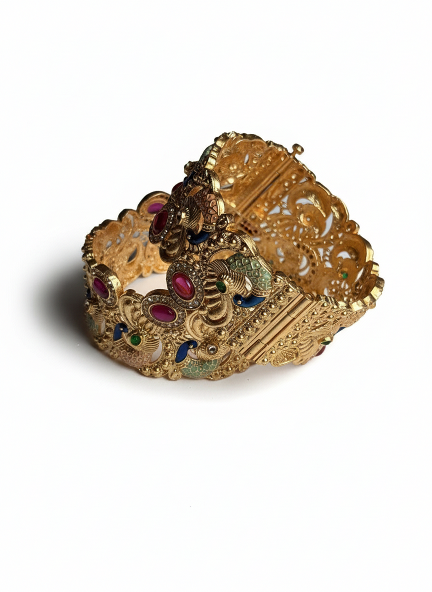 Rajwadi Peacock Bangle Set for Women | Golden Polish with Ruby Detailing | Premium Next-to-Gold Finish | Alloy | Set of 2 | Available in Sizes 2.4, 2.6, 2.8
