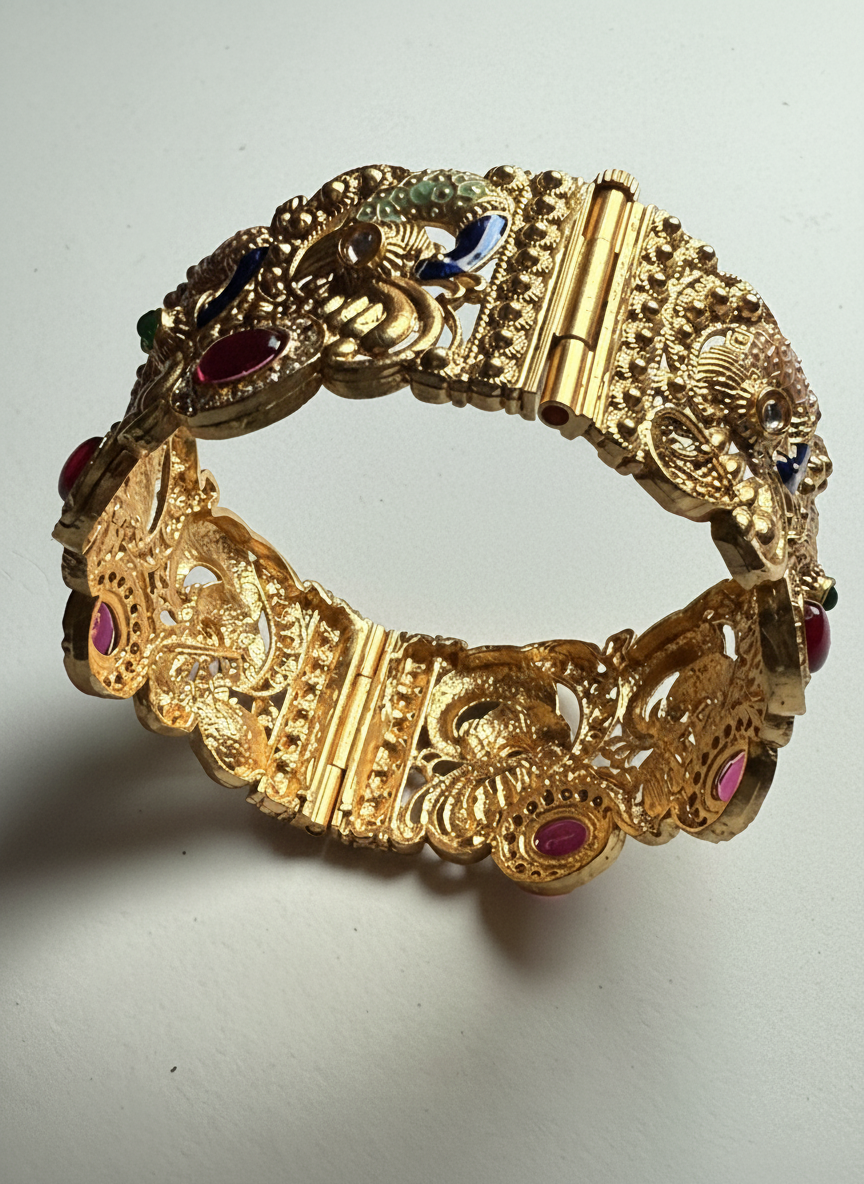 Rajwadi Peacock Bangle Set for Women | Golden Polish with Ruby Detailing | Premium Next-to-Gold Finish | Alloy | Set of 2 | Available in Sizes 2.4, 2.6, 2.8